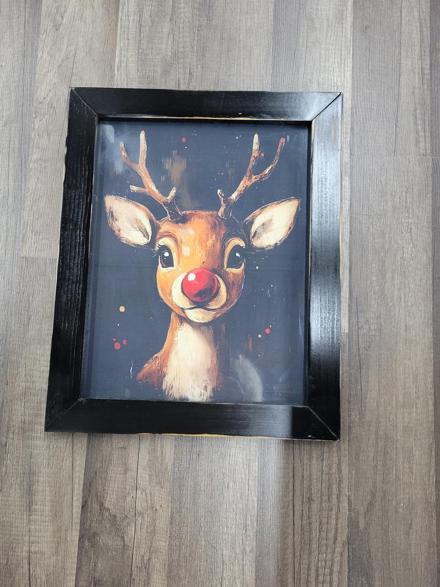 Whimsical 11x14 Reindeer Wall Art with Red Nose – Rustic Christmas Decor