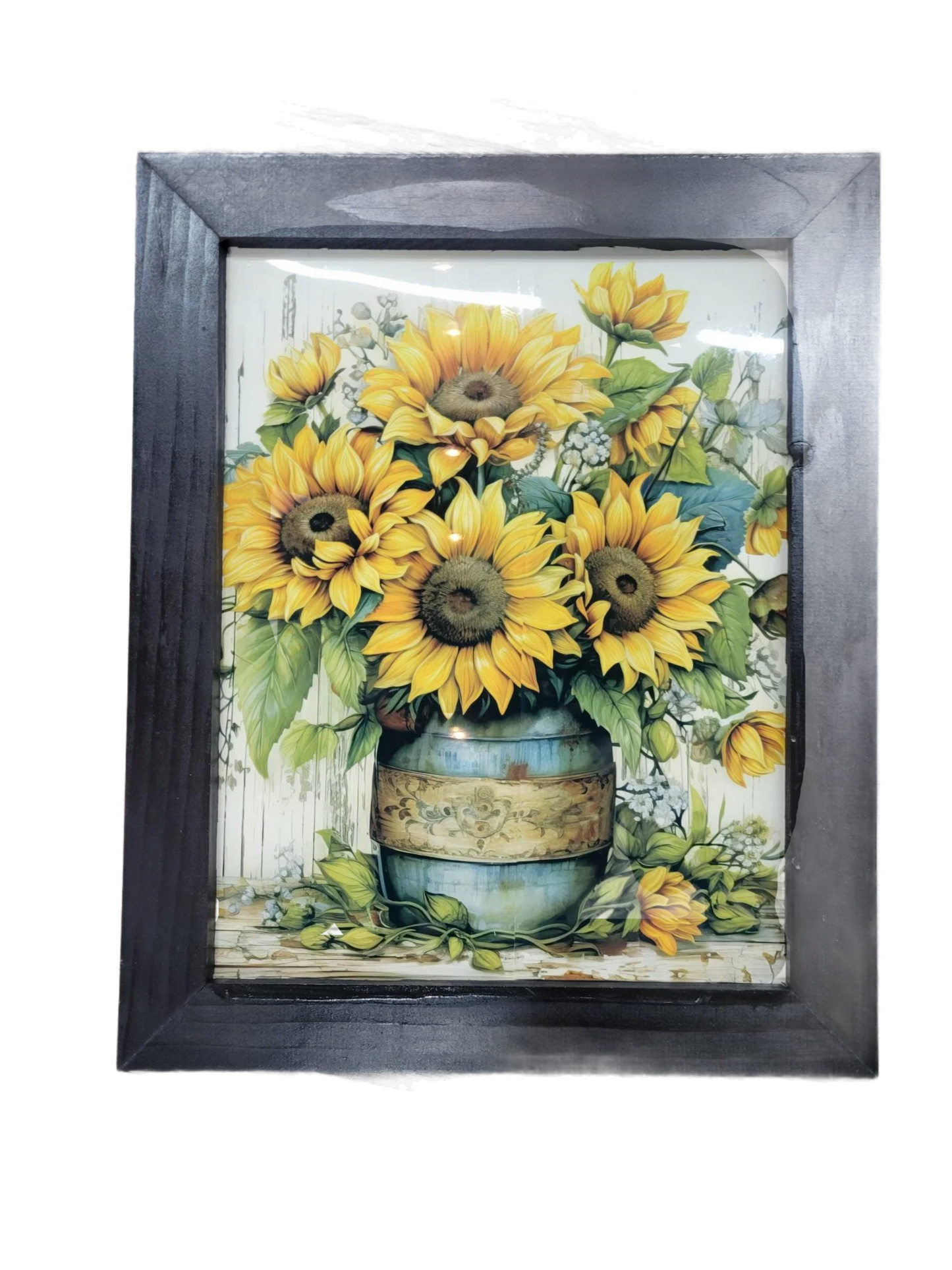 Rustic Sunflower Bouquet in Blue Jar – 11x14 Framed Farmhouse Wall Art
