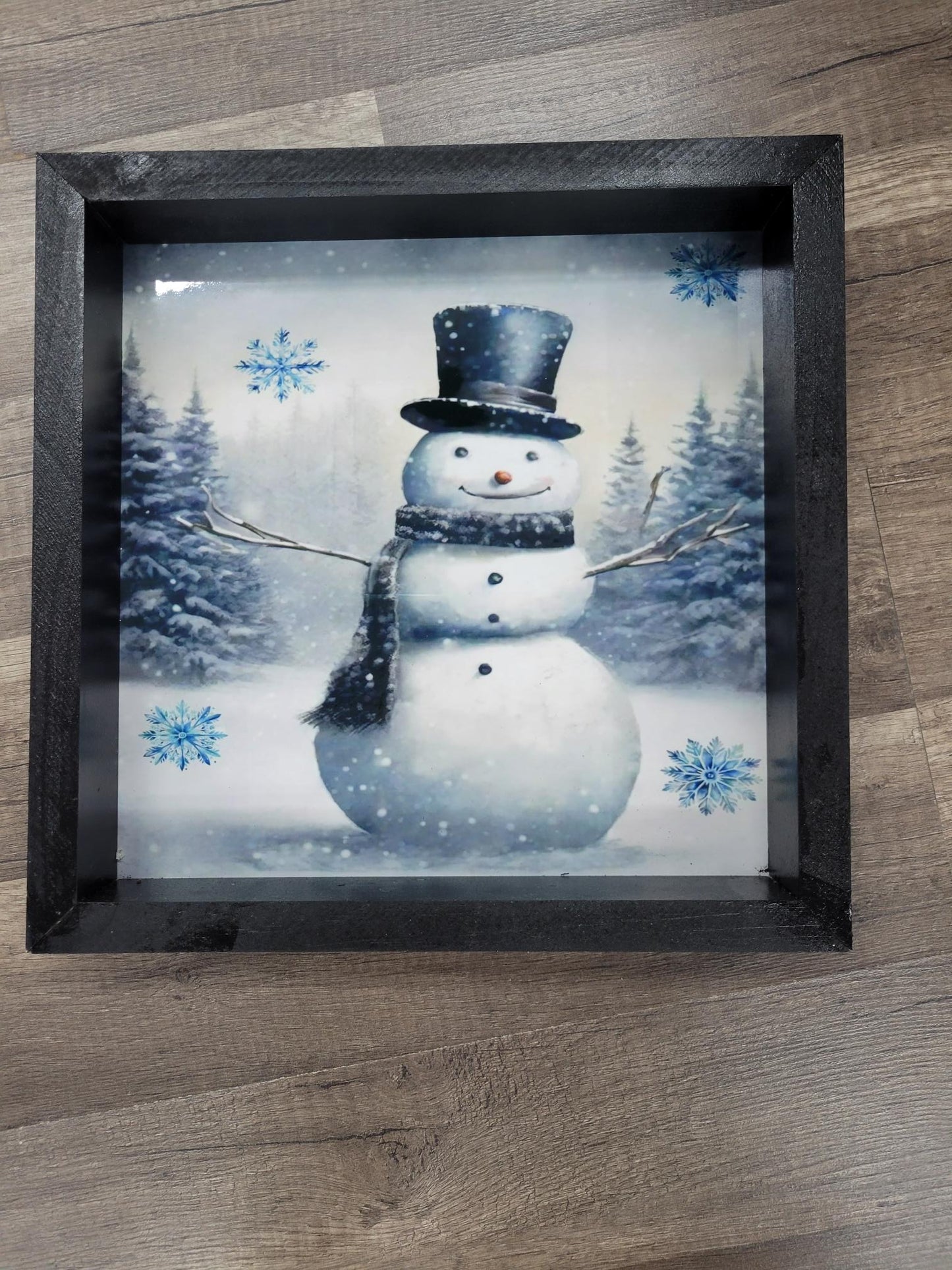 Charming 12x12 Blue Snowman Winter Shadow Box Wall Art