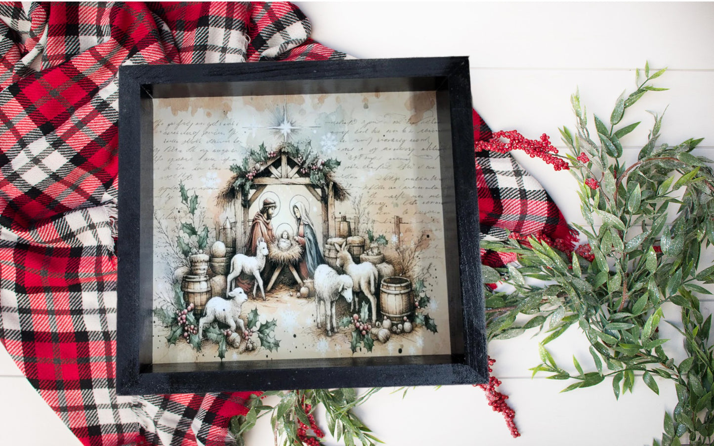 Framed Nativity Scene Christmas Art - Rustic Religious Decor