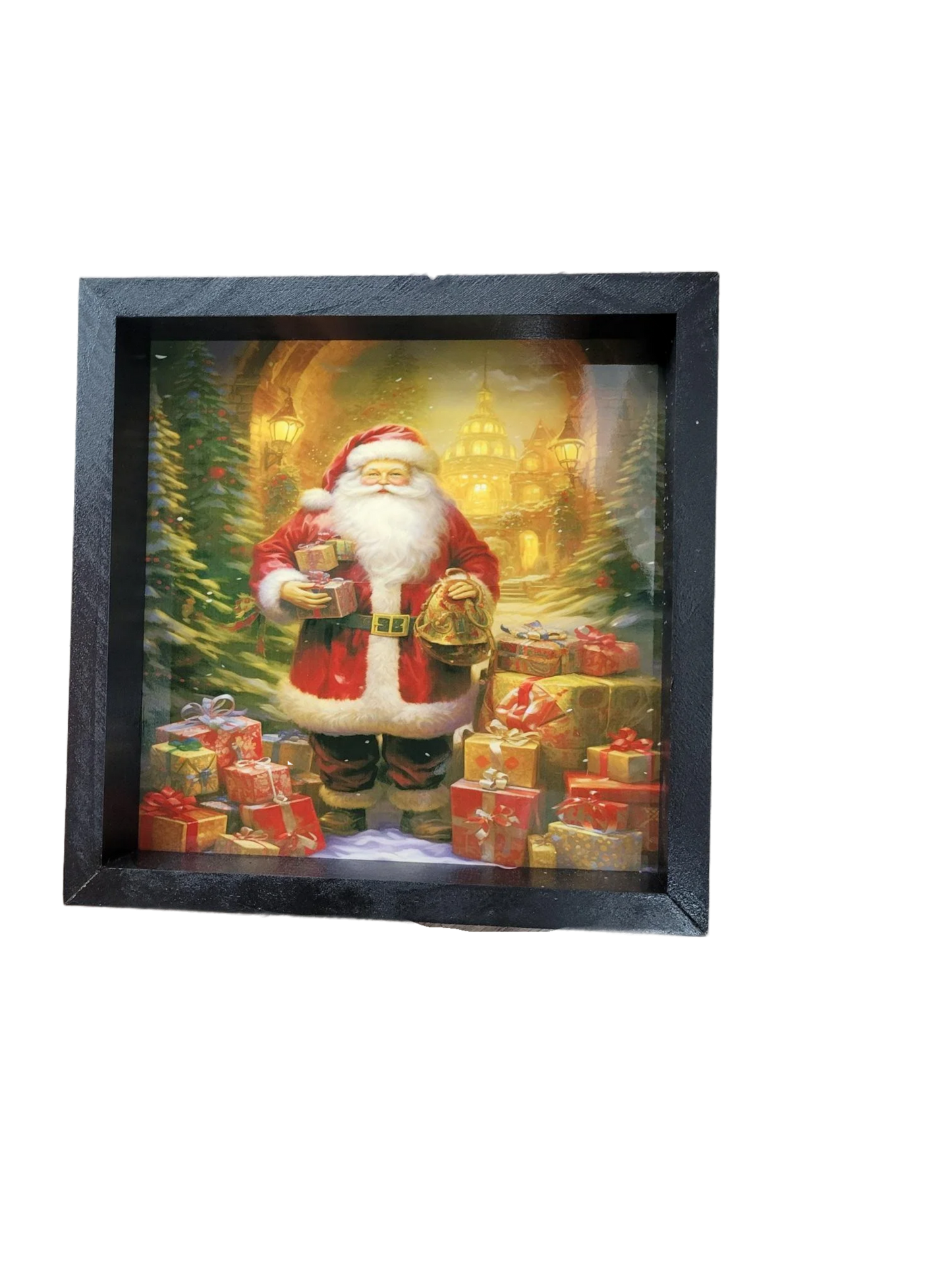 Framed Santa Claus Christmas Art with Presents - Festive Holiday Wall Decor