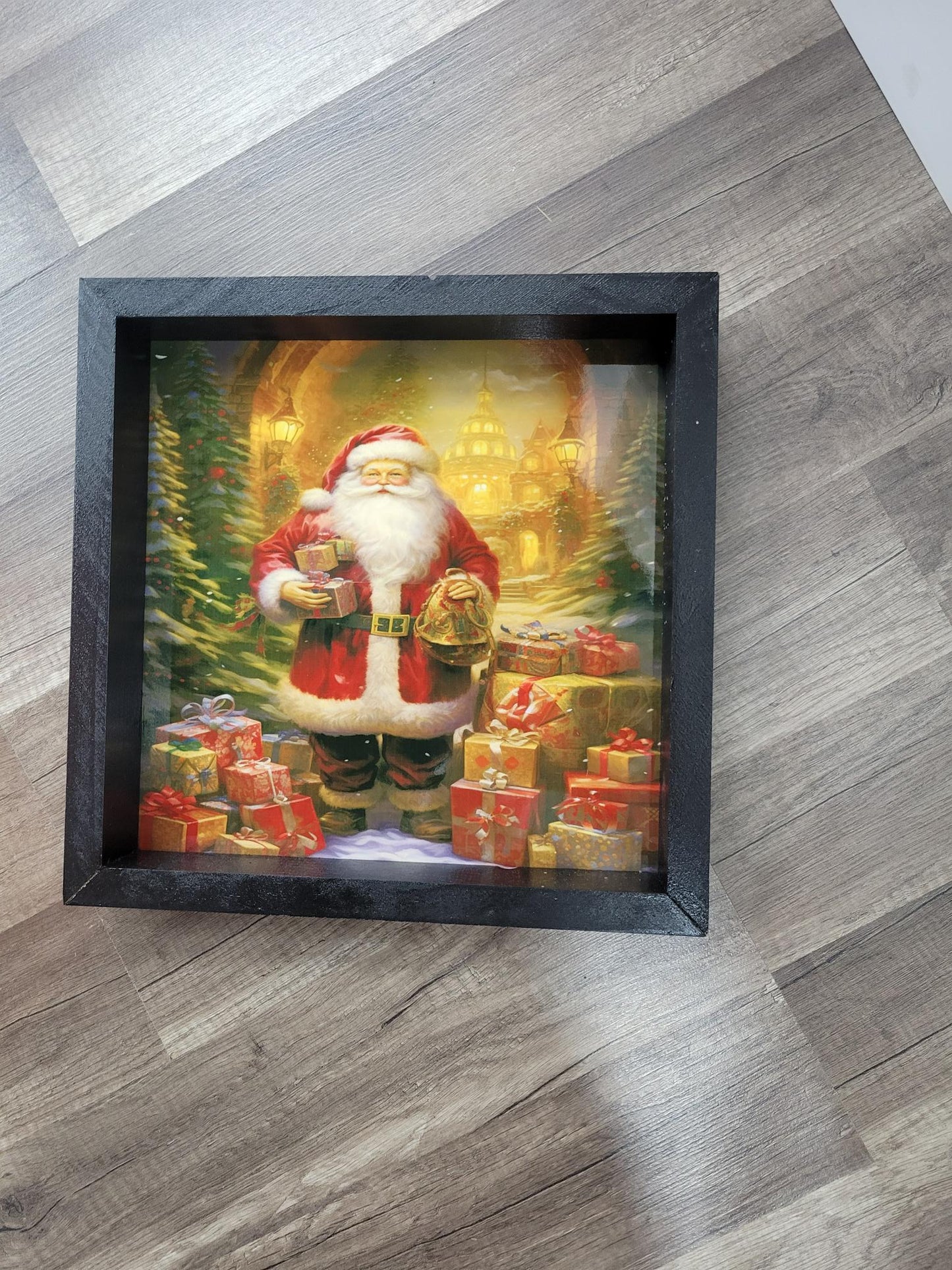 Framed Santa Claus Christmas Art with Presents - Festive Holiday Wall Decor