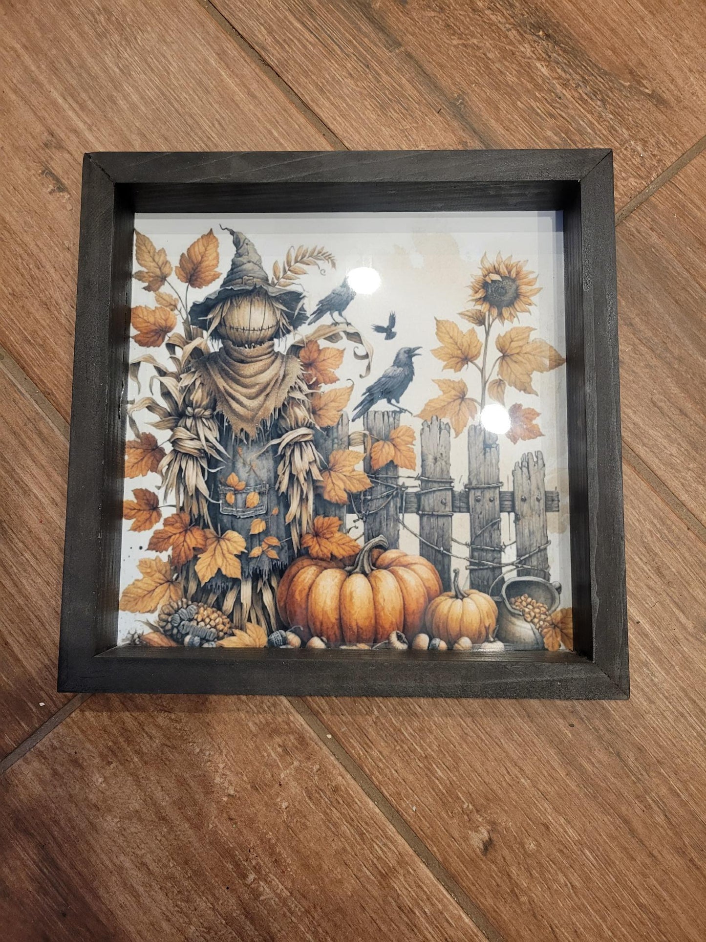 Rustic Scarecrow and Pumpkin Fall Wall Art – 12x12 Farmhouse Harvest Decor with Sunflowers and Crows