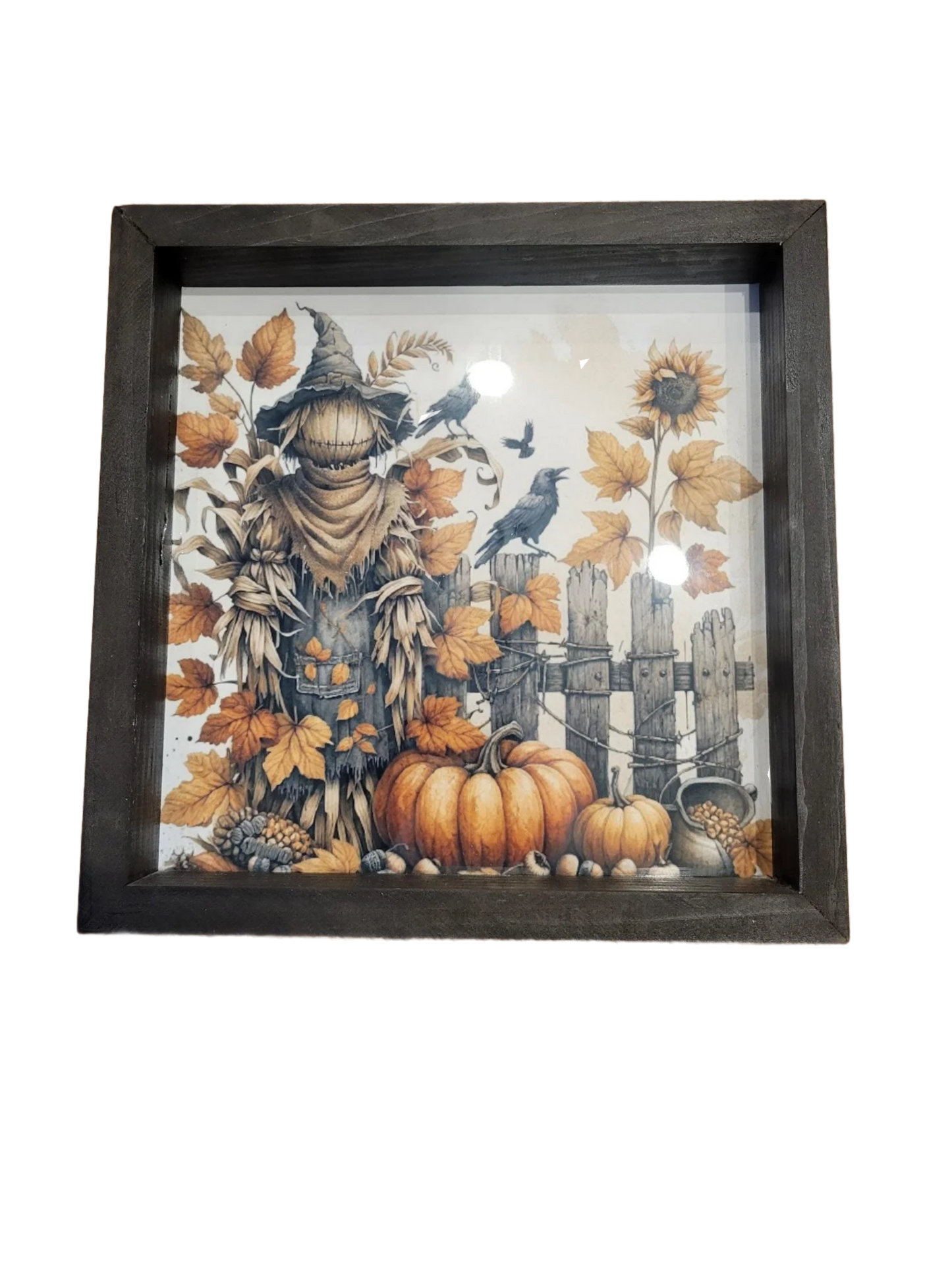 Rustic Scarecrow and Pumpkin Fall Wall Art – 12x12 Farmhouse Harvest Decor with Sunflowers and Crows