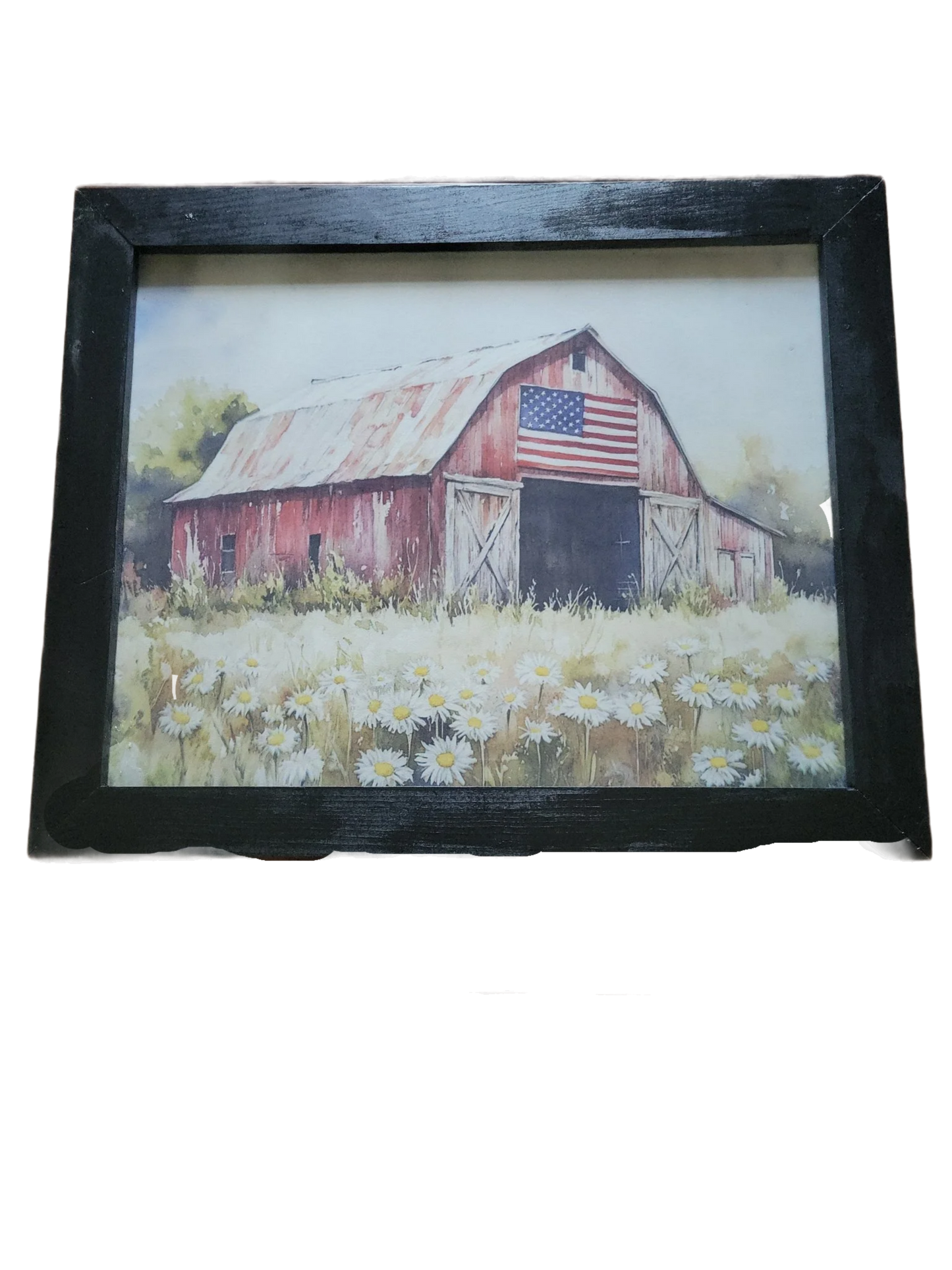 Patriotic Red Barn Watercolor Wall Art – American Flag Farmhouse Decor – Rustic Daisy Field Landscape – Framed Country Americana Art – Black Wood Frame