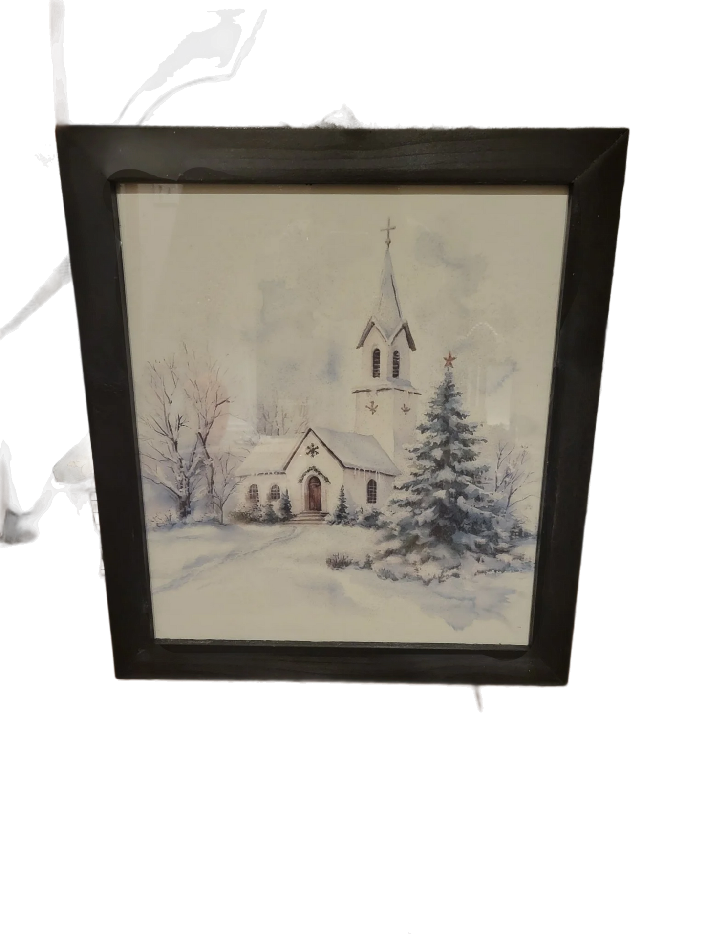 Winter Church Wall Art Print – Snowy Country Church Winter Landscape, Framed Rustic Farmhouse Home Decor