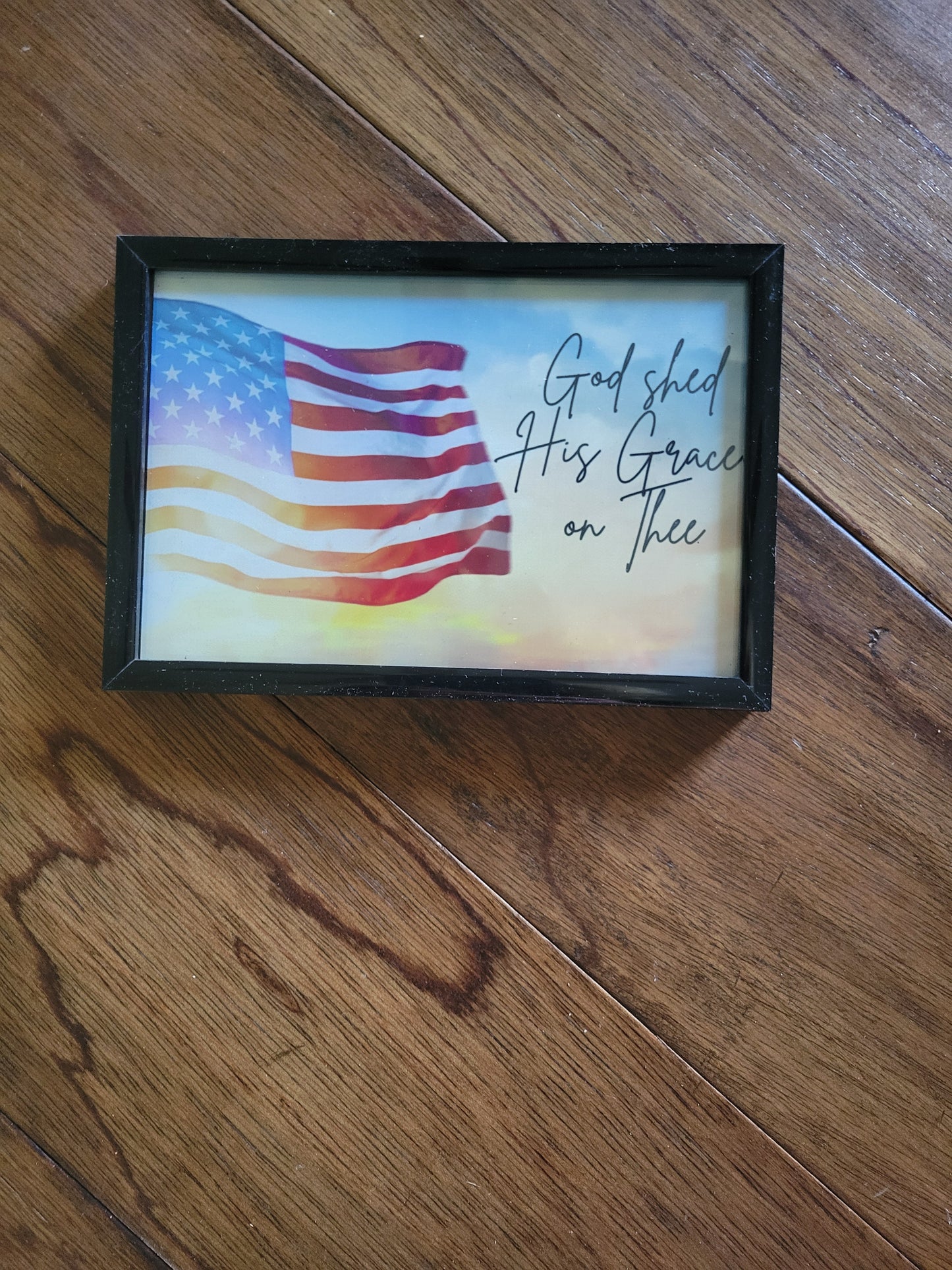 "God Shed His Grace on Thee" Framed Mini Art – 4x6 Patriotic American Flag Decor – Christian Americana Desk Art – Small Religious USA Gift – Black Framed Sign