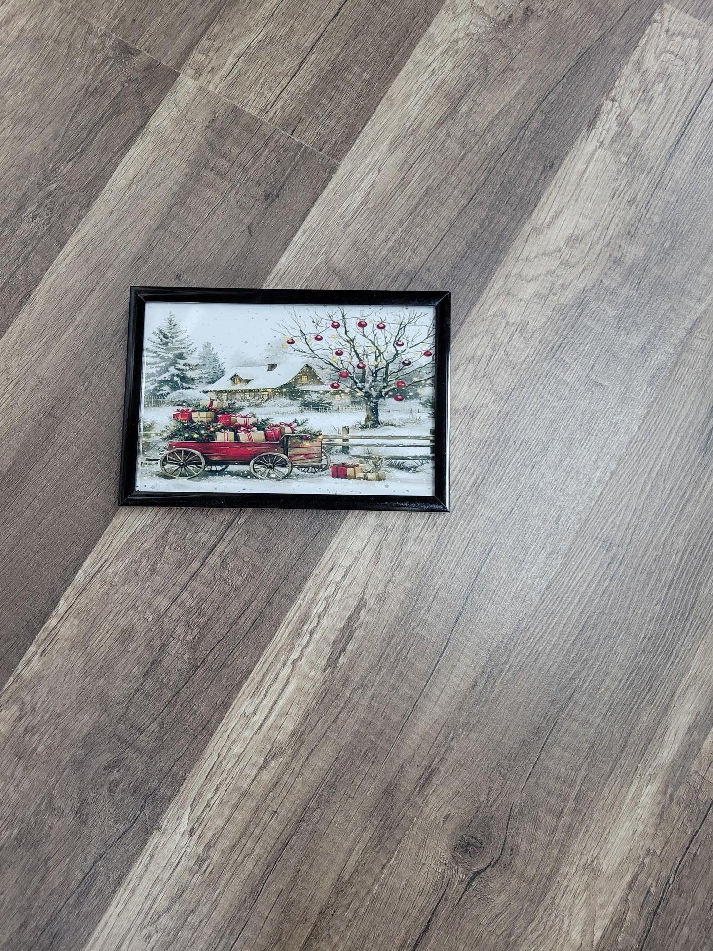 Framed Vintage Christmas Wagon Art - Snowy Winter Farmhouse Scene