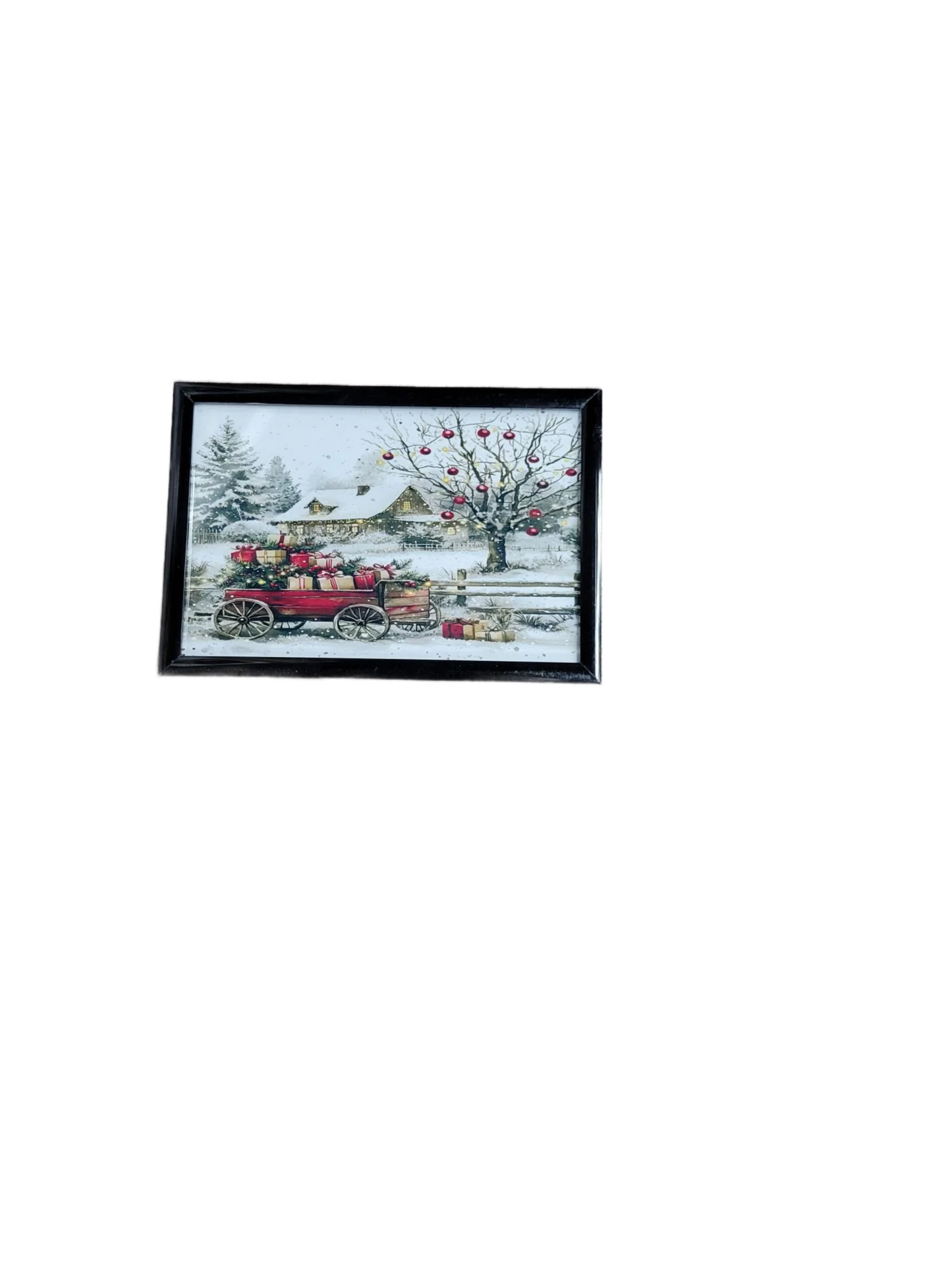 Framed Vintage Christmas Wagon Art - Snowy Winter Farmhouse Scene