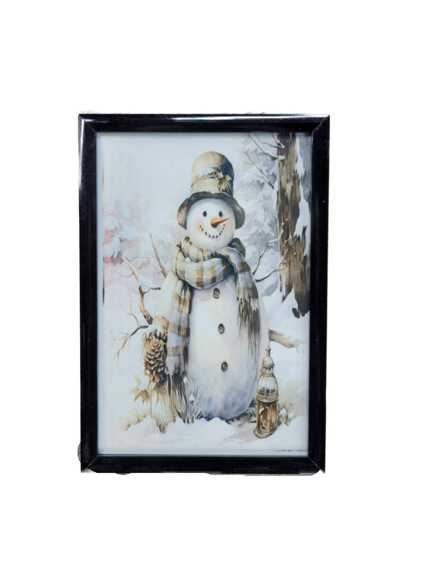 Vintage Snowman Framed Art - Cozy Winter Lantern Scene
