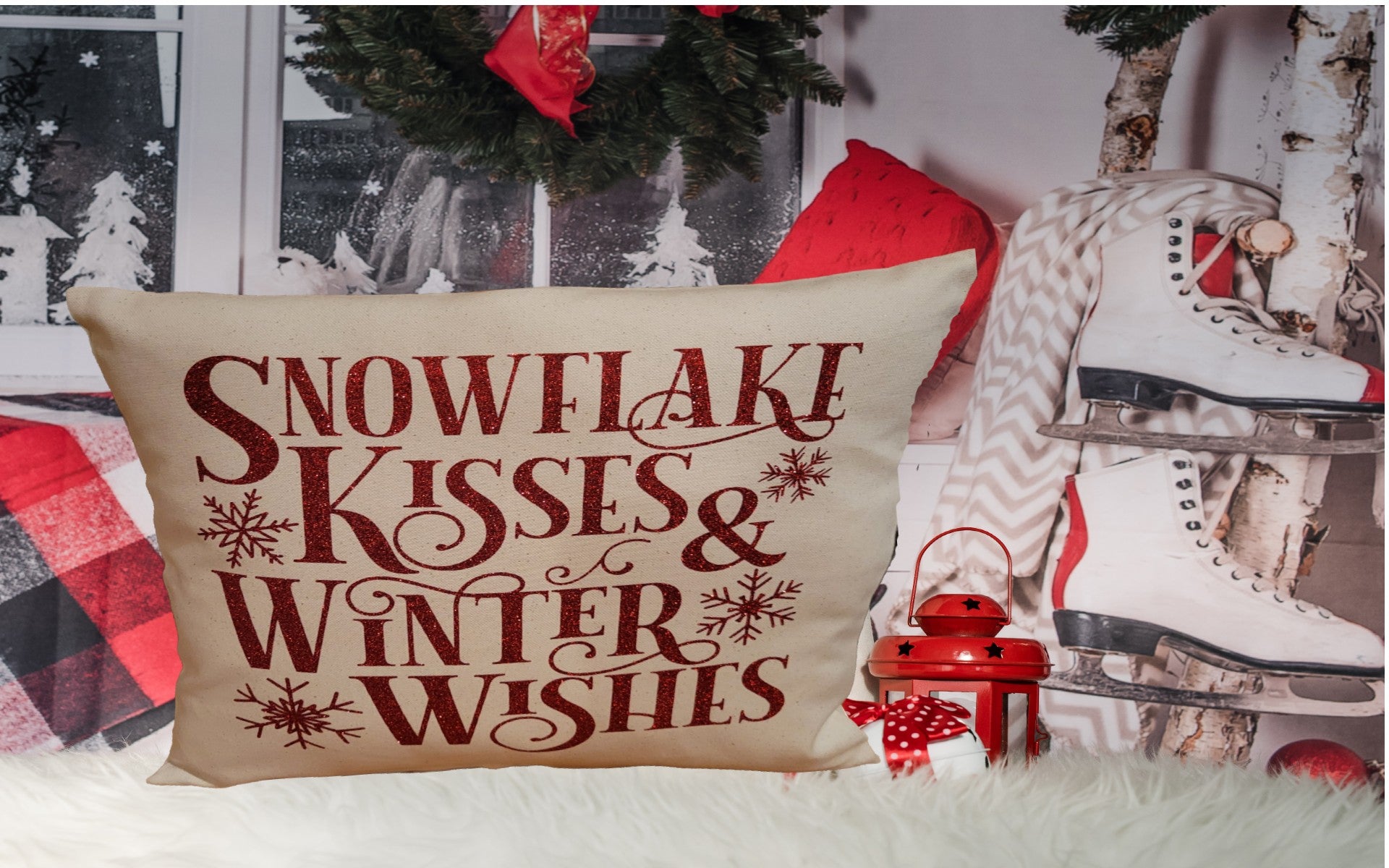 Snowflake Kisses Winter Wishes Pillow - Pillow, Canvas