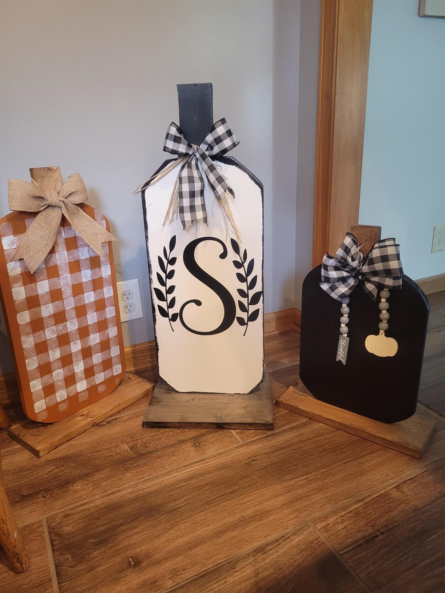 Orange Buffalo Check Wood Pumpkin - Wood, Handmade