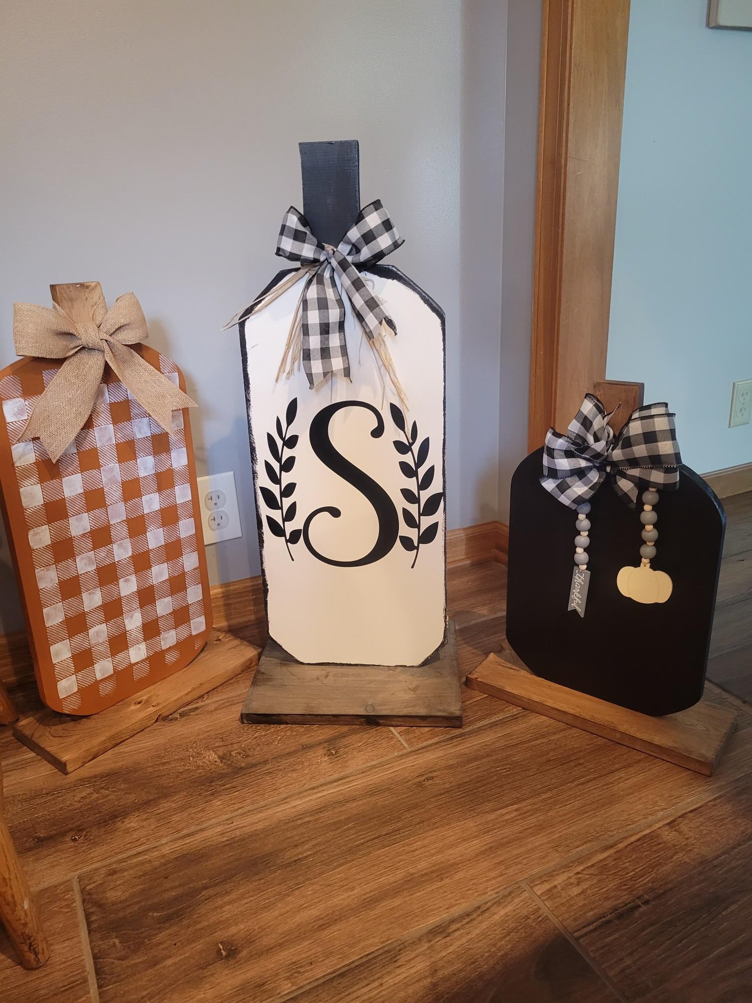 Orange Buffalo Check Wood Pumpkin - Wood, Handmade