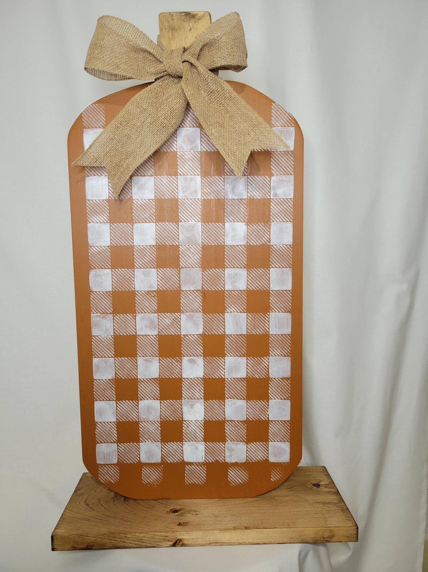 Orange Buffalo Check Wood Pumpkin - Wood, Handmade
