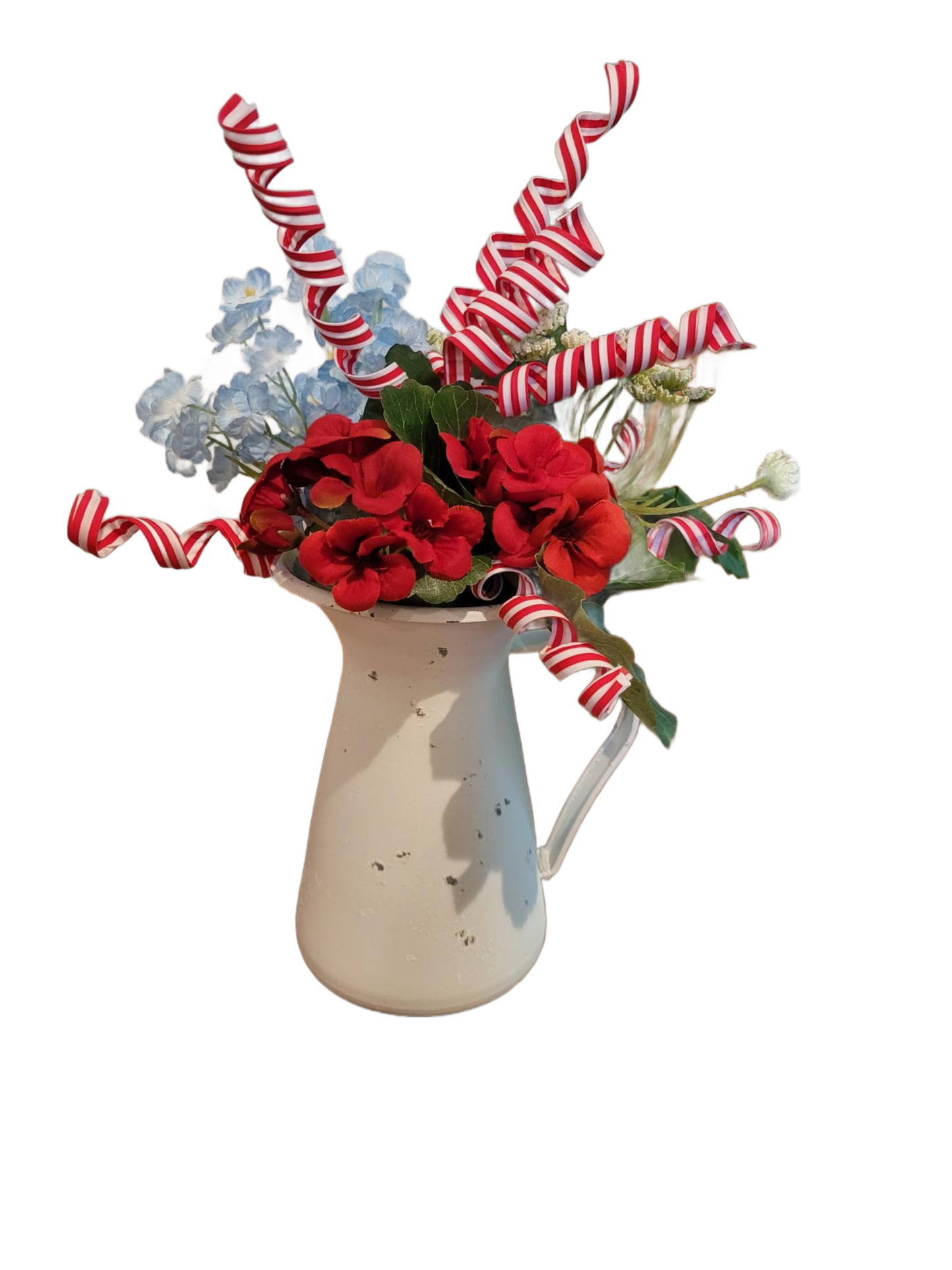 White Pitcher with Red White Blue Flowers - White, Red
