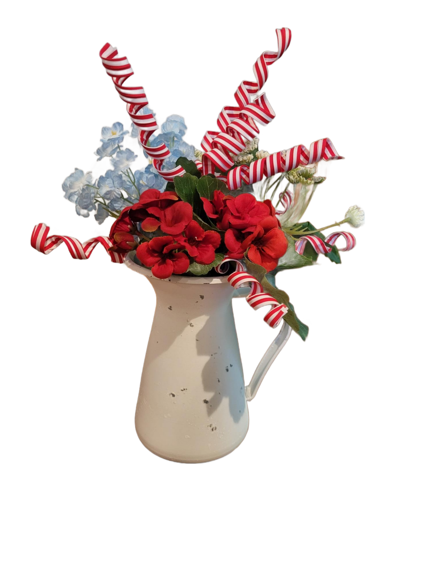 White Pitcher with Red White Blue Flowers - White, Red