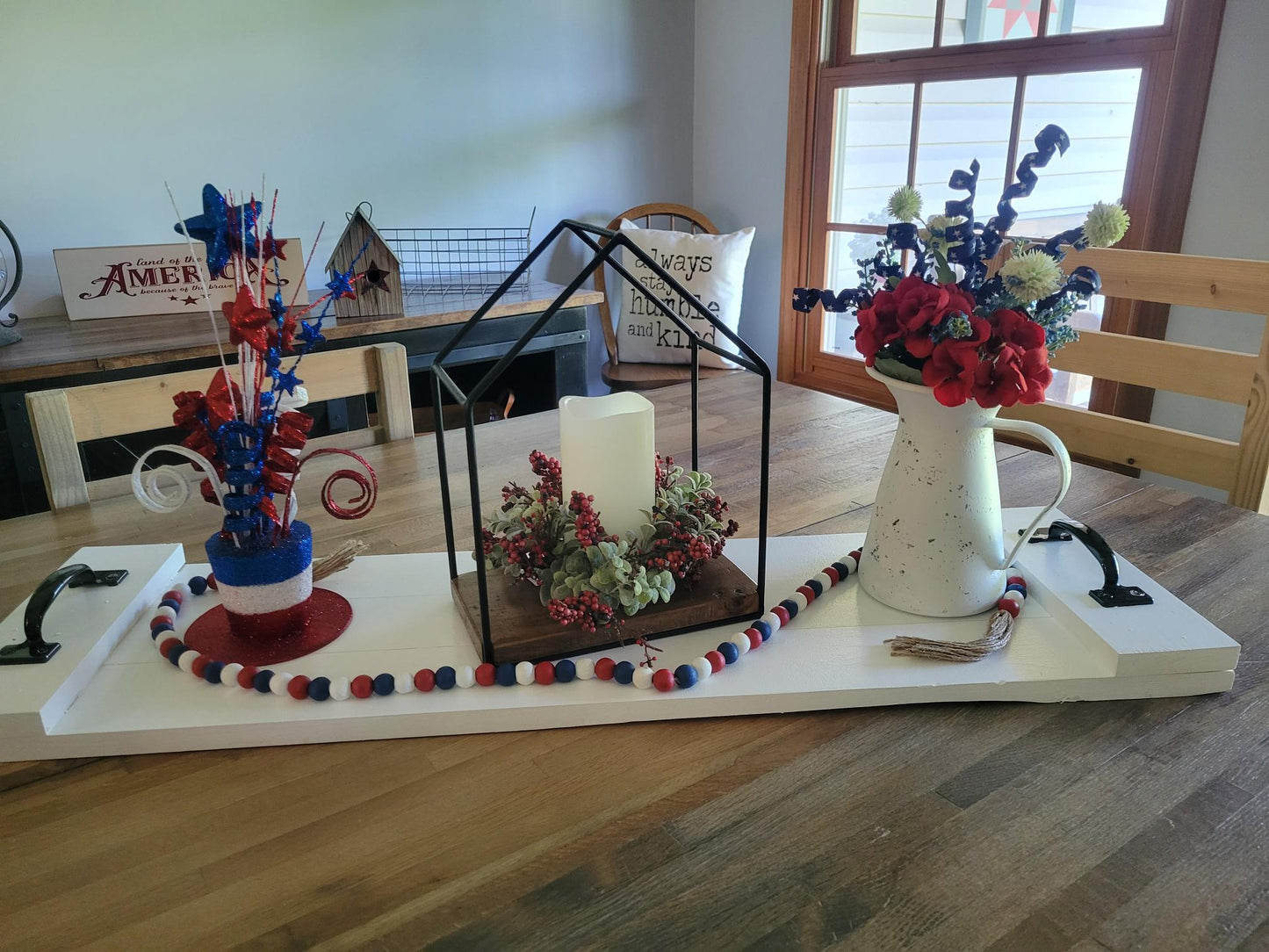 White Pitcher with Red White Blue Flowers - White, Red