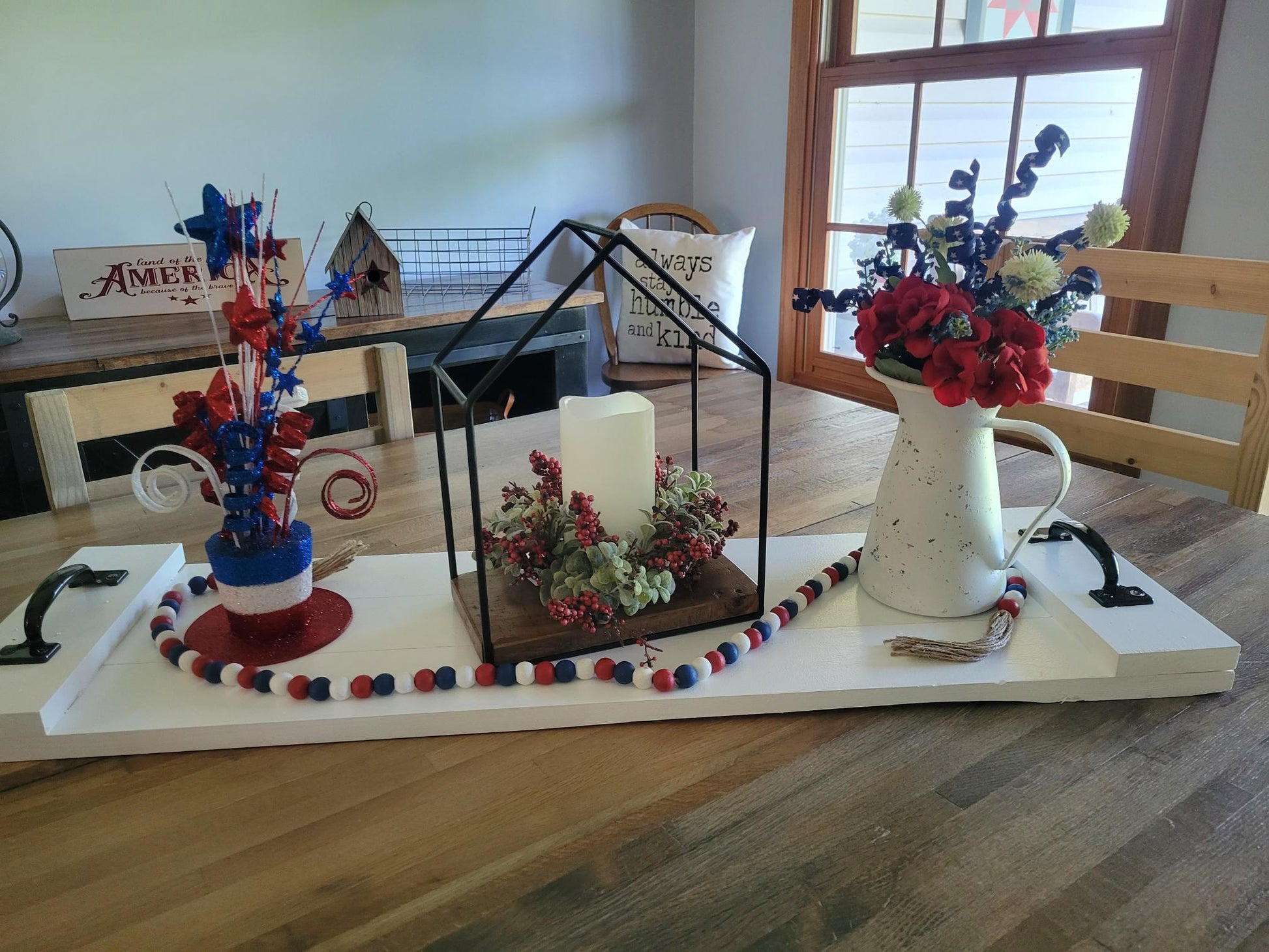 White Pitcher with Red White Blue Flowers - White, Red