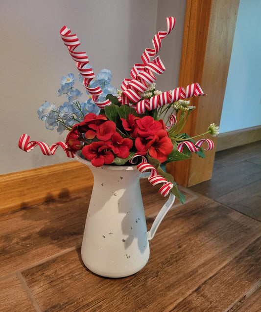 White Pitcher with Red White Blue Flowers - White, Red