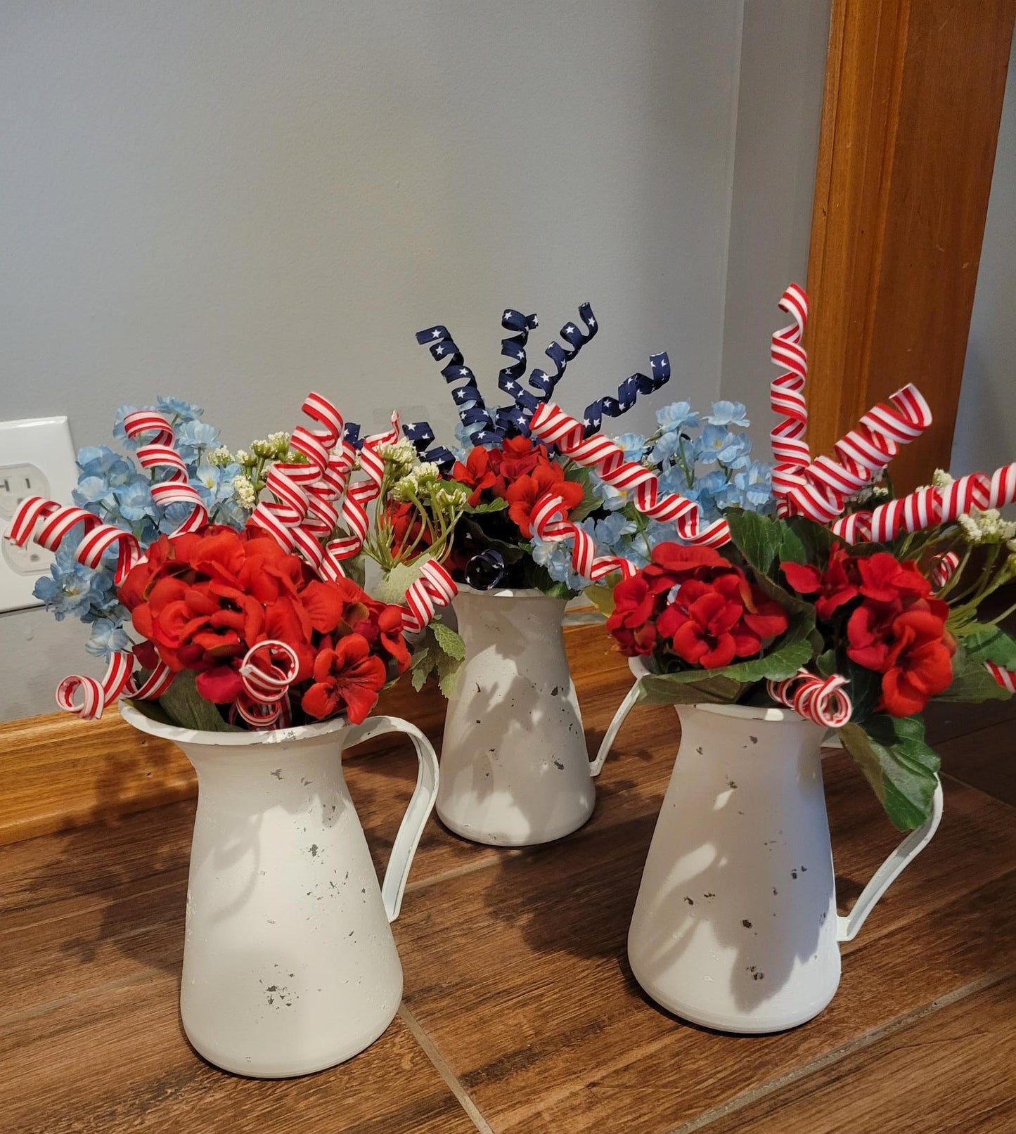White Pitcher with Red White Blue Flowers - White, Red