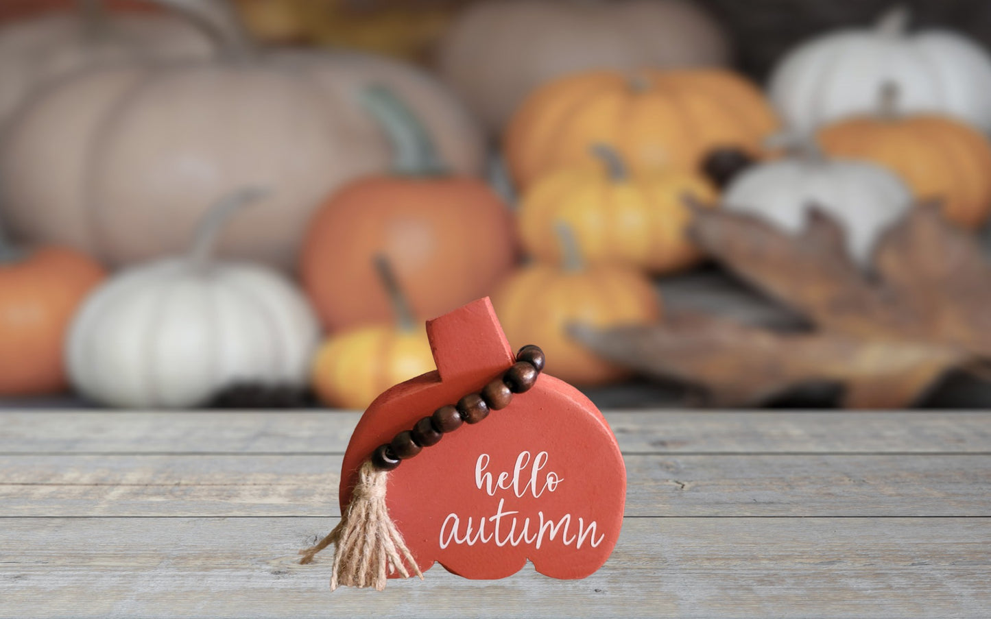 Hello Autumn Beaded Wood Pumpkin - Pumpkin, Orange