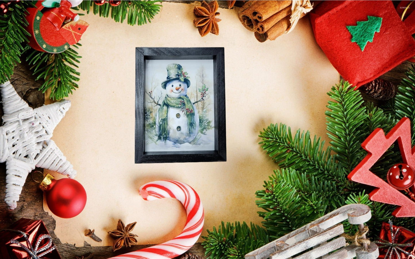Framed Watercolor Snowman Wall Art – 8x10 Winter Holiday Decor
