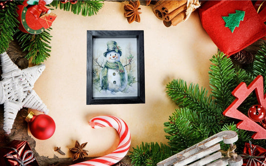 Framed Watercolor Snowman Wall Art – 8x10 Winter Holiday Decor