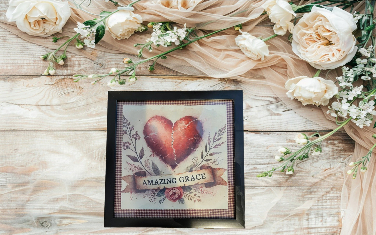 Amazing Grace" Framed Wall Art – Rustic Heart & Floral Design (8x8 Inch)