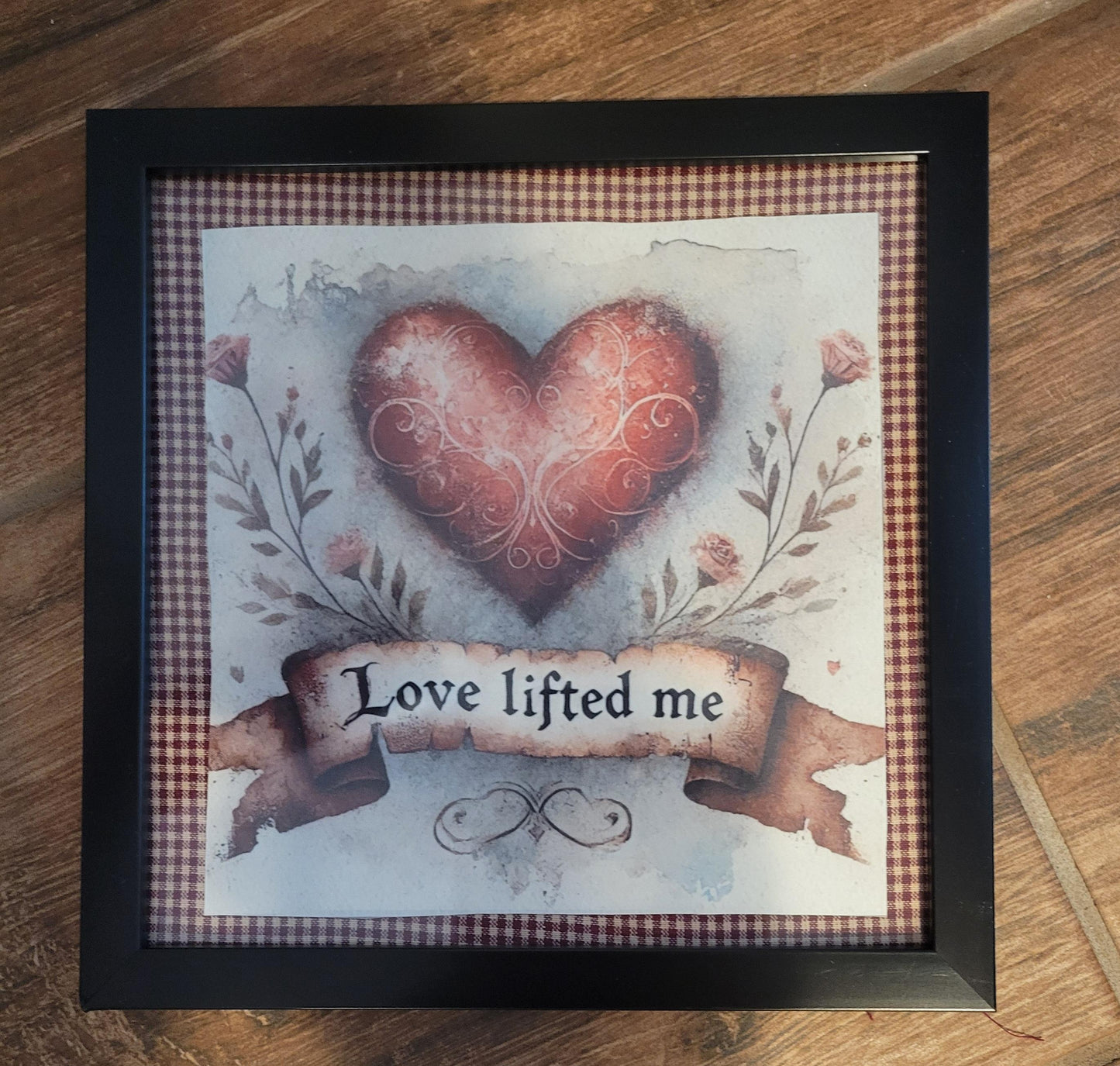 Love Lifted Me" Framed Wall Art – Heart & Floral Country Decor (8x8 Inch)