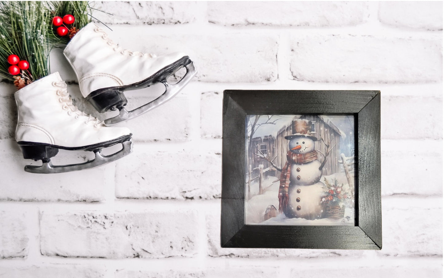 Framed Snowman Winter Scene Art - Rustic Christmas Wall Decor