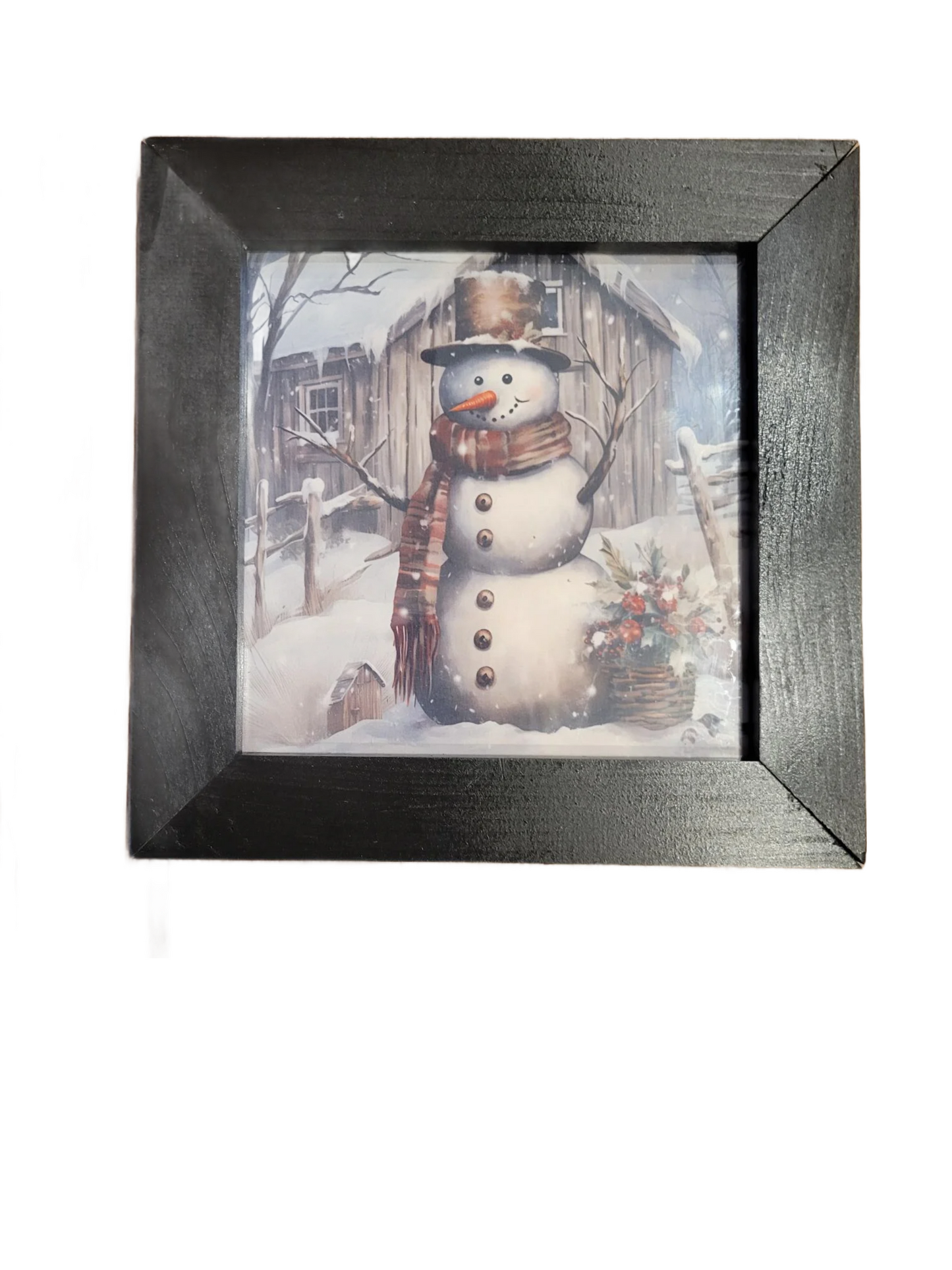Framed Snowman Winter Scene Art - Rustic Christmas Wall Decor