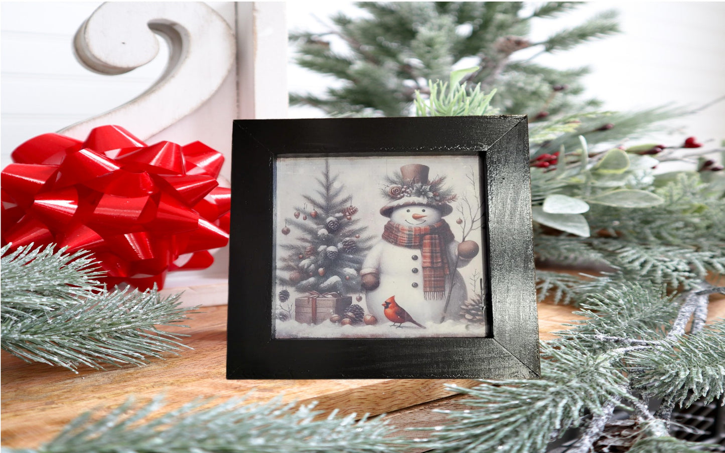 Framed Snowman Witner Scene Art - Rustic Christmas Wall Decor