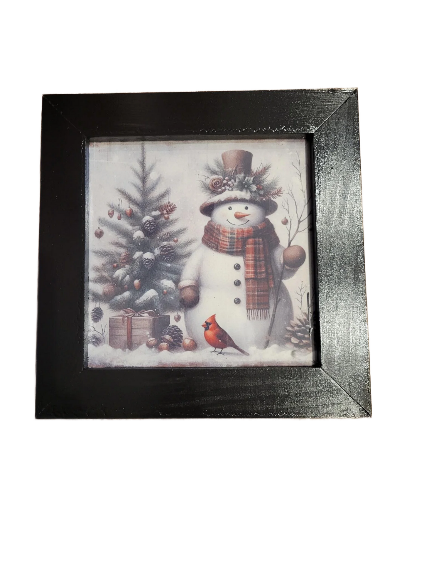 Framed Snowman Witner Scene Art - Rustic Christmas Wall Decor