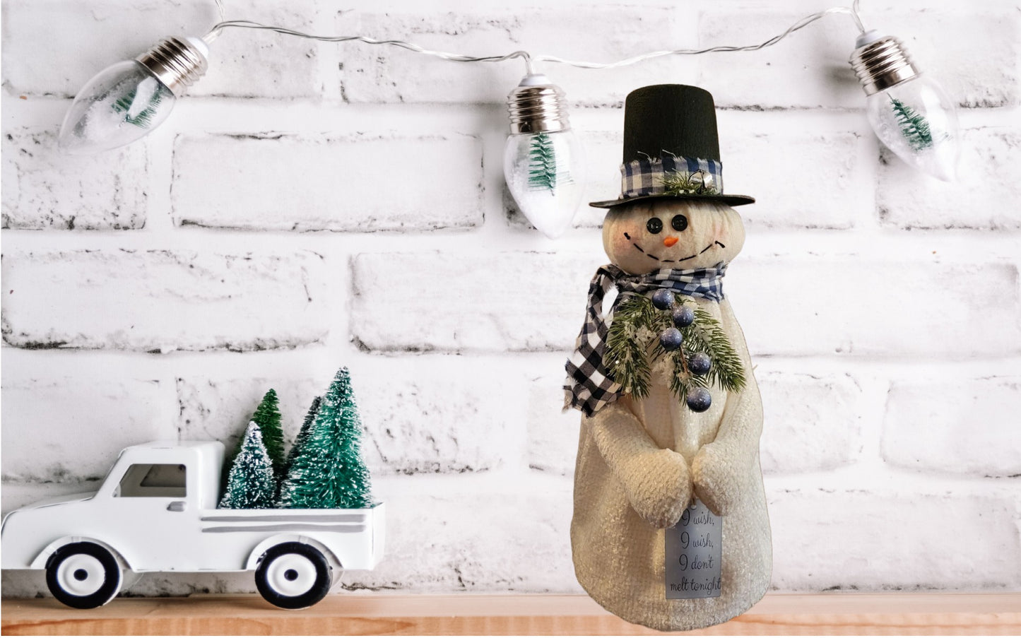 Handmade Snowman Decor with Plaid Scarf and Top Hat – "I Wish I Don't Melt" Sign