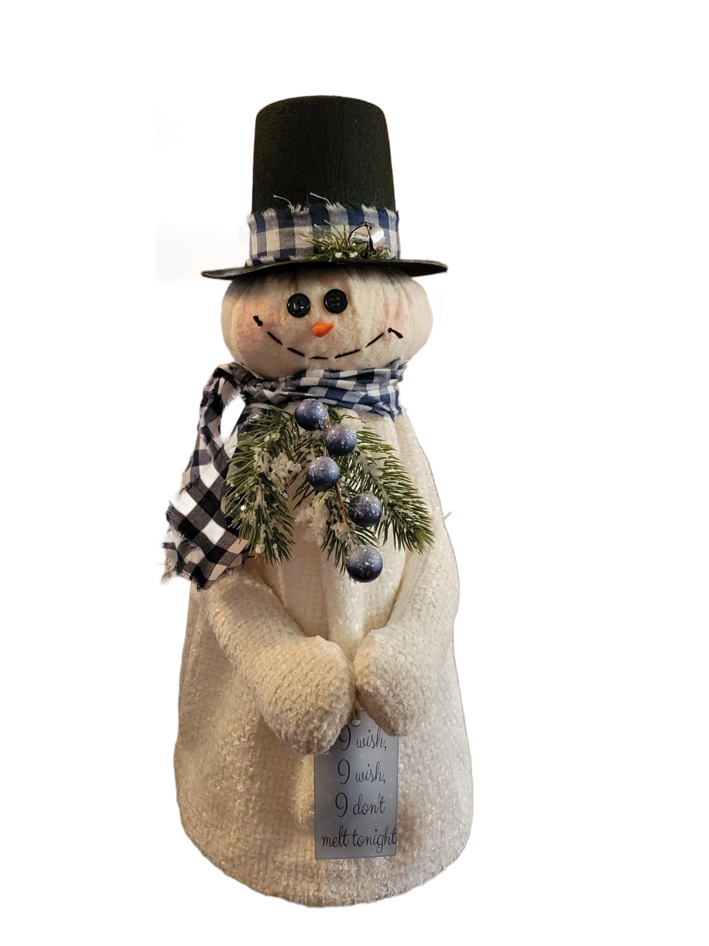 Handmade Snowman Decor with Plaid Scarf and Top Hat – "I Wish I Don't Melt" Sign