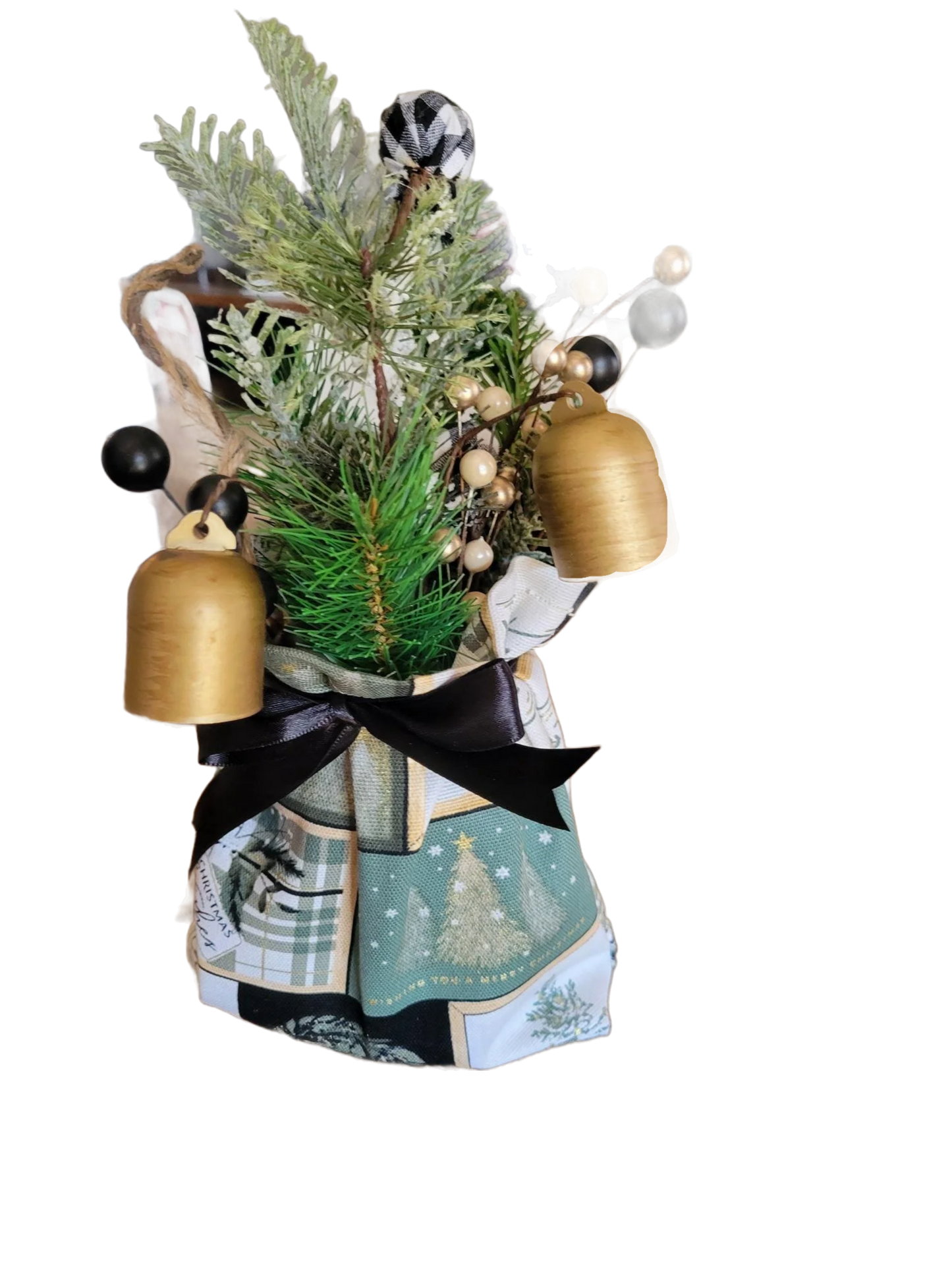 Christmas Bell with Greenery – Rustic Holiday Decor Bag with Gold Bells and Faux Pine, Farmhouse Winter Decoration
