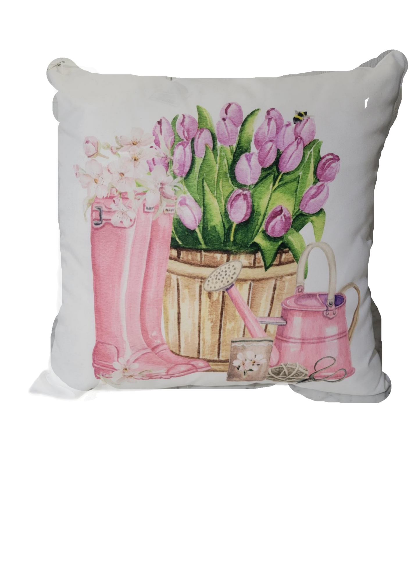 Pink Boots & Tulips Pillow – Charming Spring Farmhouse Accent