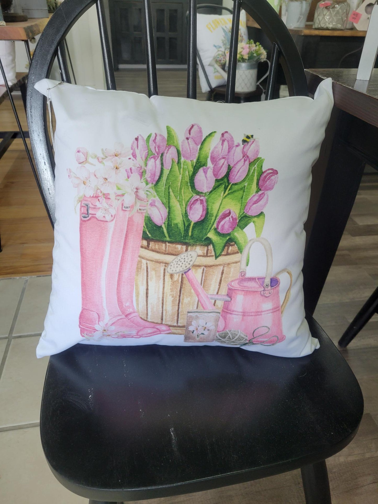Pink Boots & Tulips Pillow – Charming Spring Farmhouse Accent
