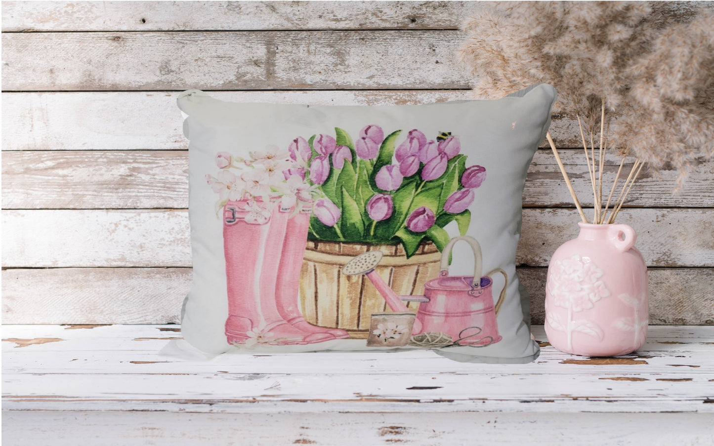 Pink Boots & Tulips Pillow – Charming Spring Farmhouse Accent