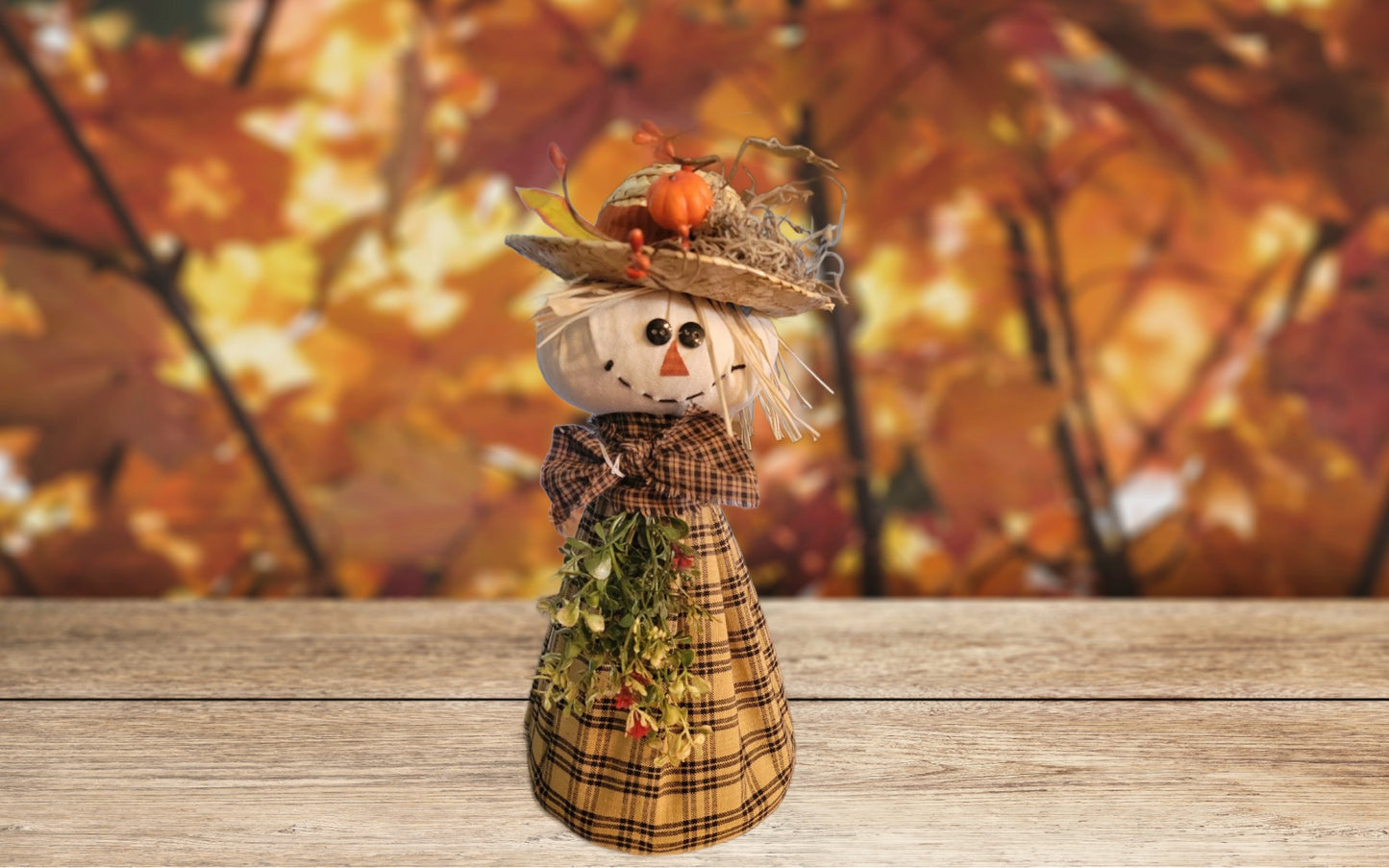 Handcrafted Standing Scarecrow Fall Decor with Pumpkin Hat and Plaid Dress