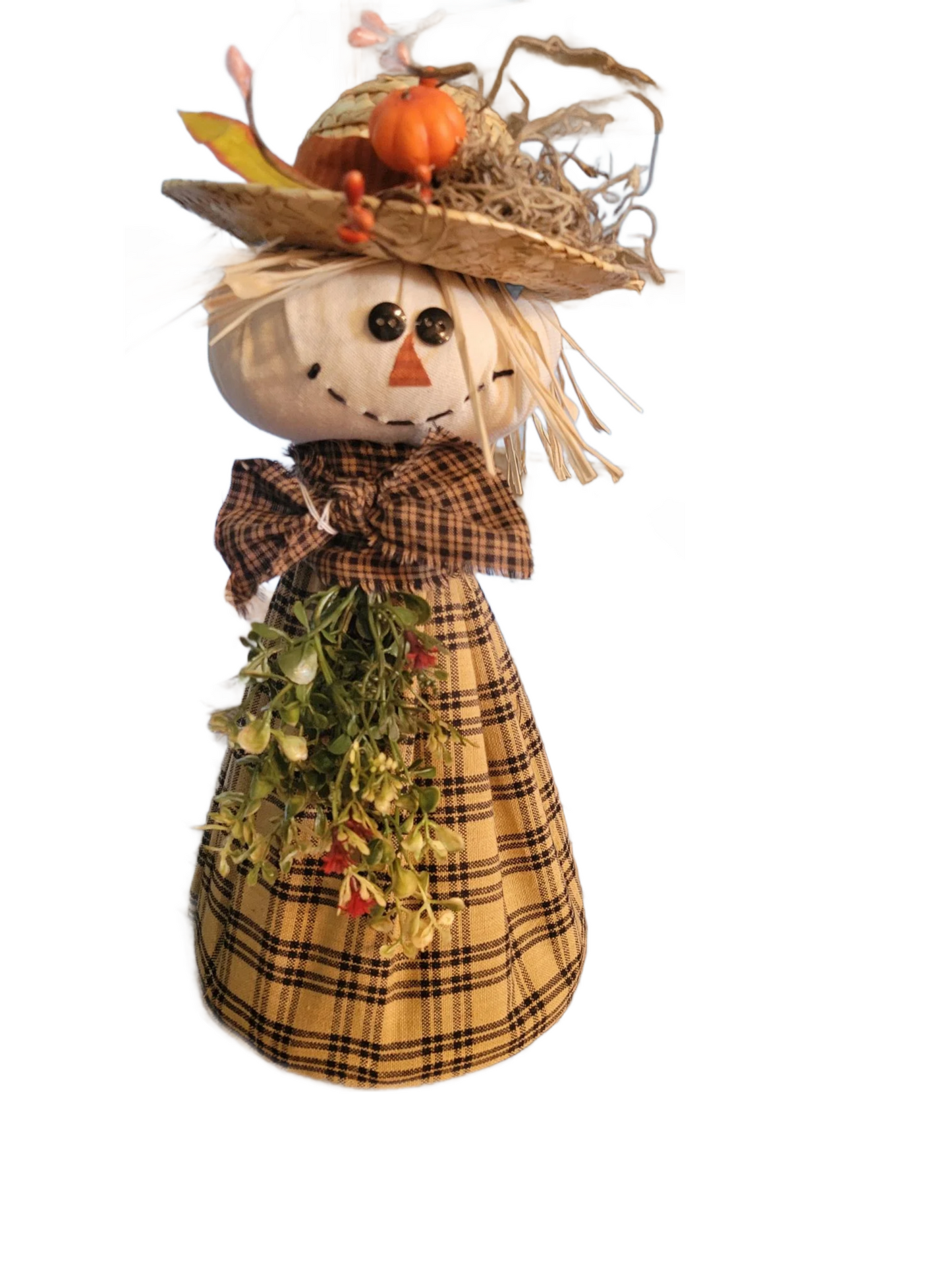 Handcrafted Standing Scarecrow Fall Decor with Pumpkin Hat and Plaid Dress