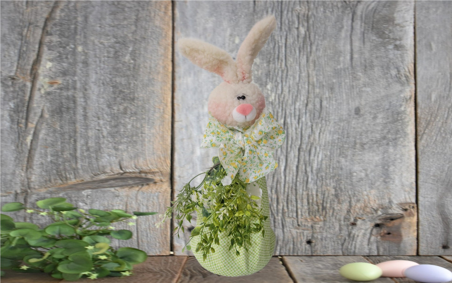 Handmade Standing Bunny – Floral Bow & Greenery Easter Decor
