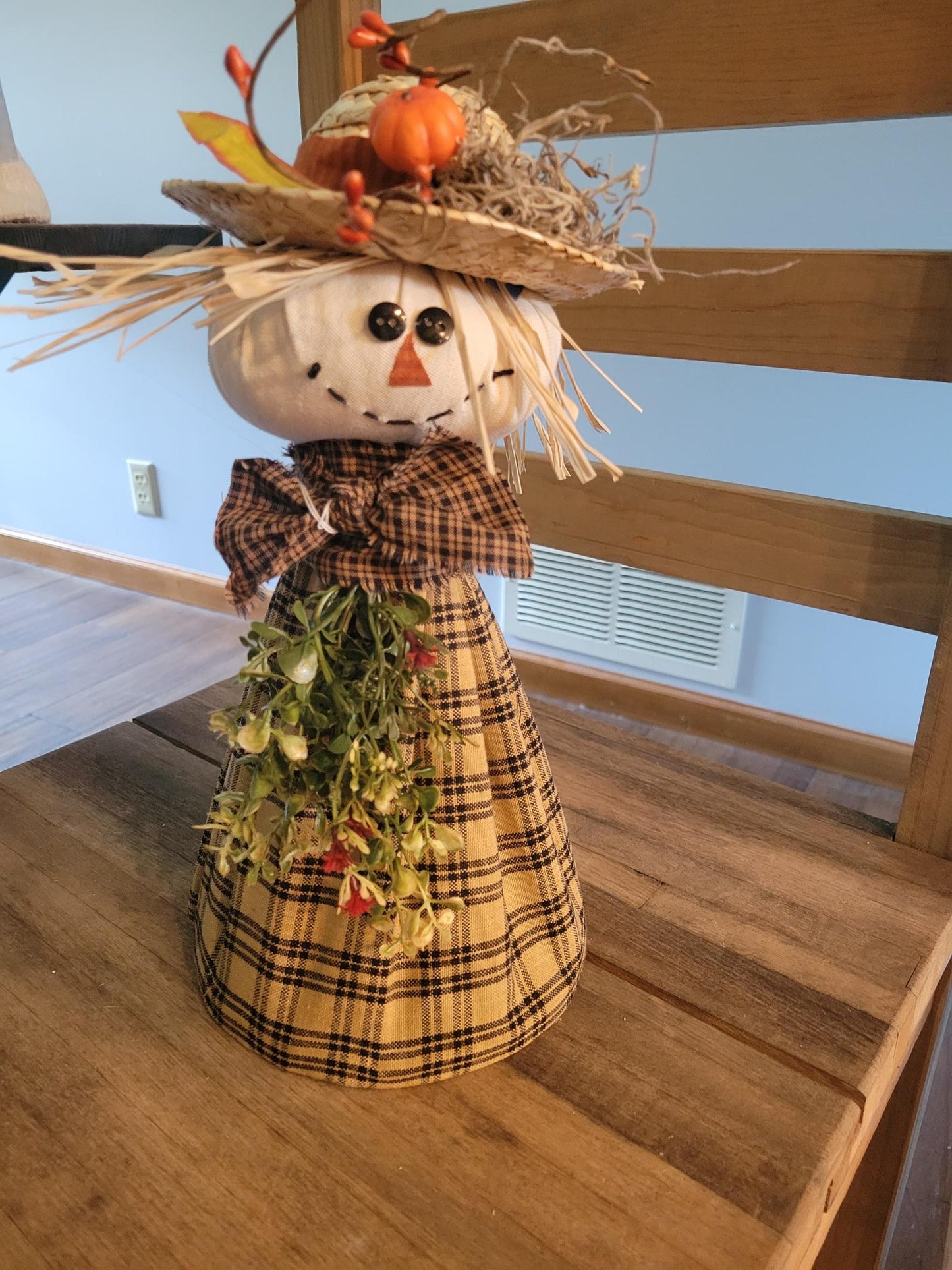 Handcrafted Standing Scarecrow Fall Decor with Pumpkin Hat and Plaid Dress