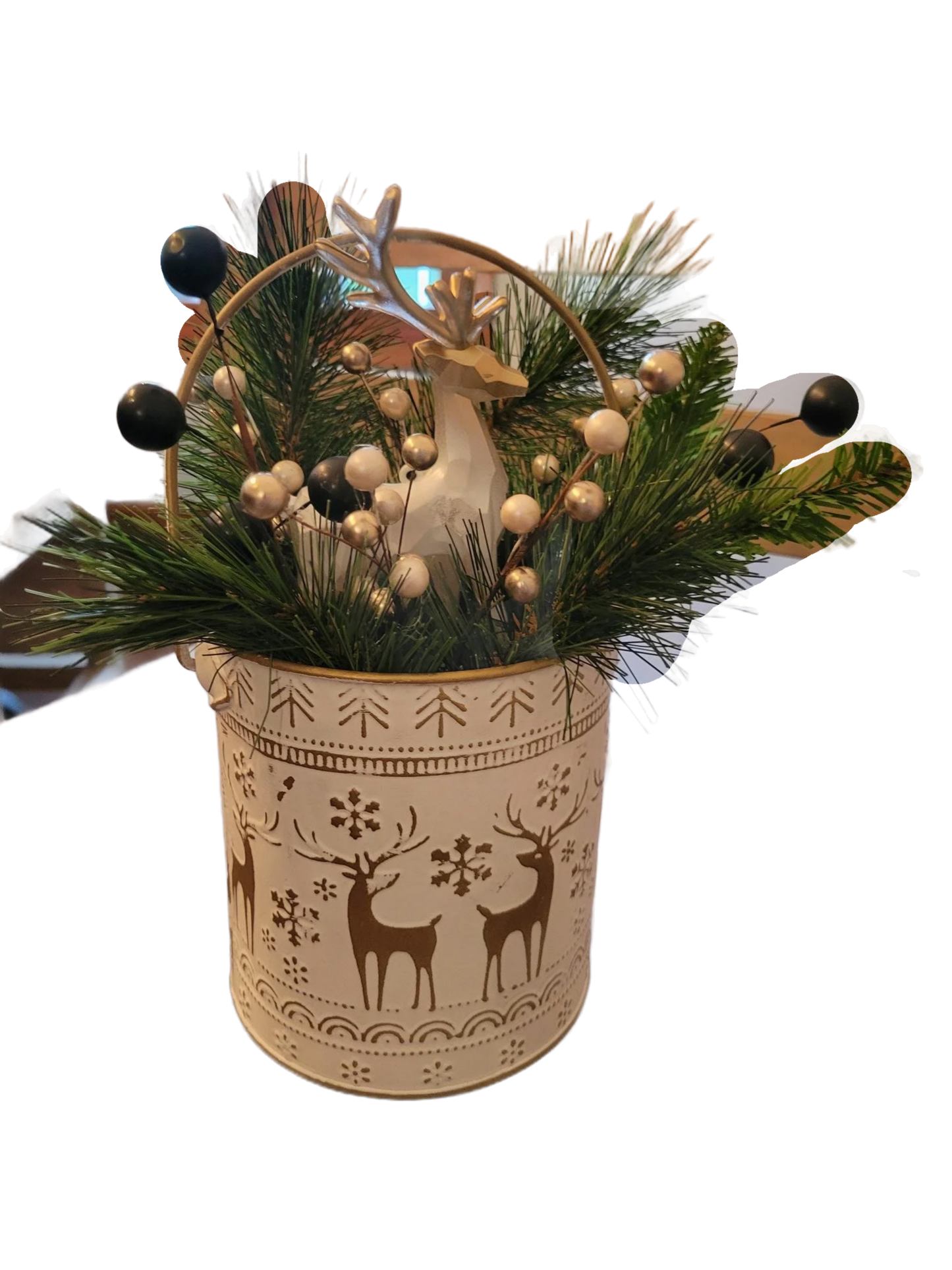 White and Gold Deer Christmas Decor – Holiday Centerpiece with Pine and Berries