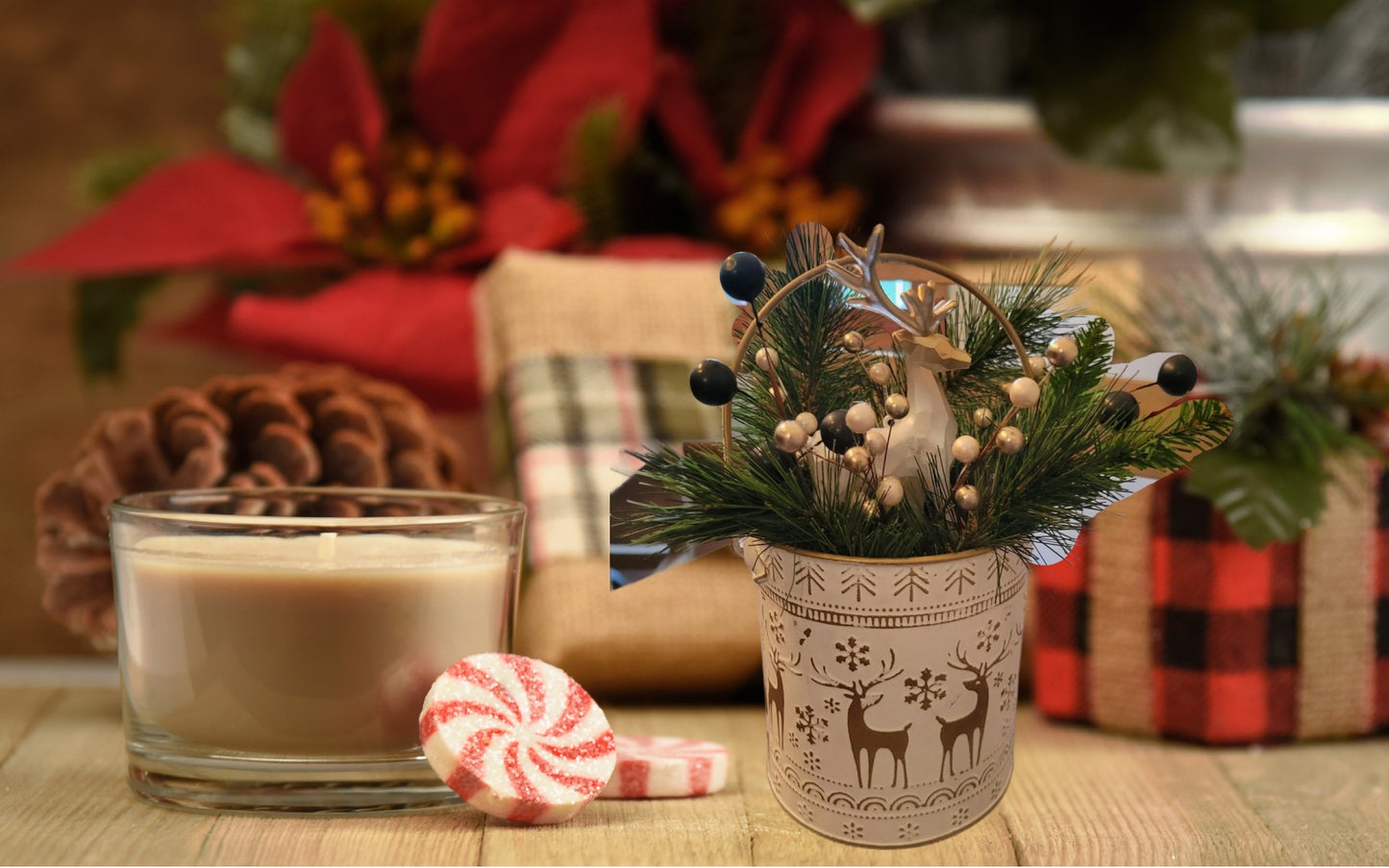 White and Gold Deer Christmas Decor – Holiday Centerpiece with Pine and Berries