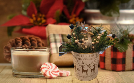 White and Gold Deer Christmas Decor – Holiday Centerpiece with Pine and Berries