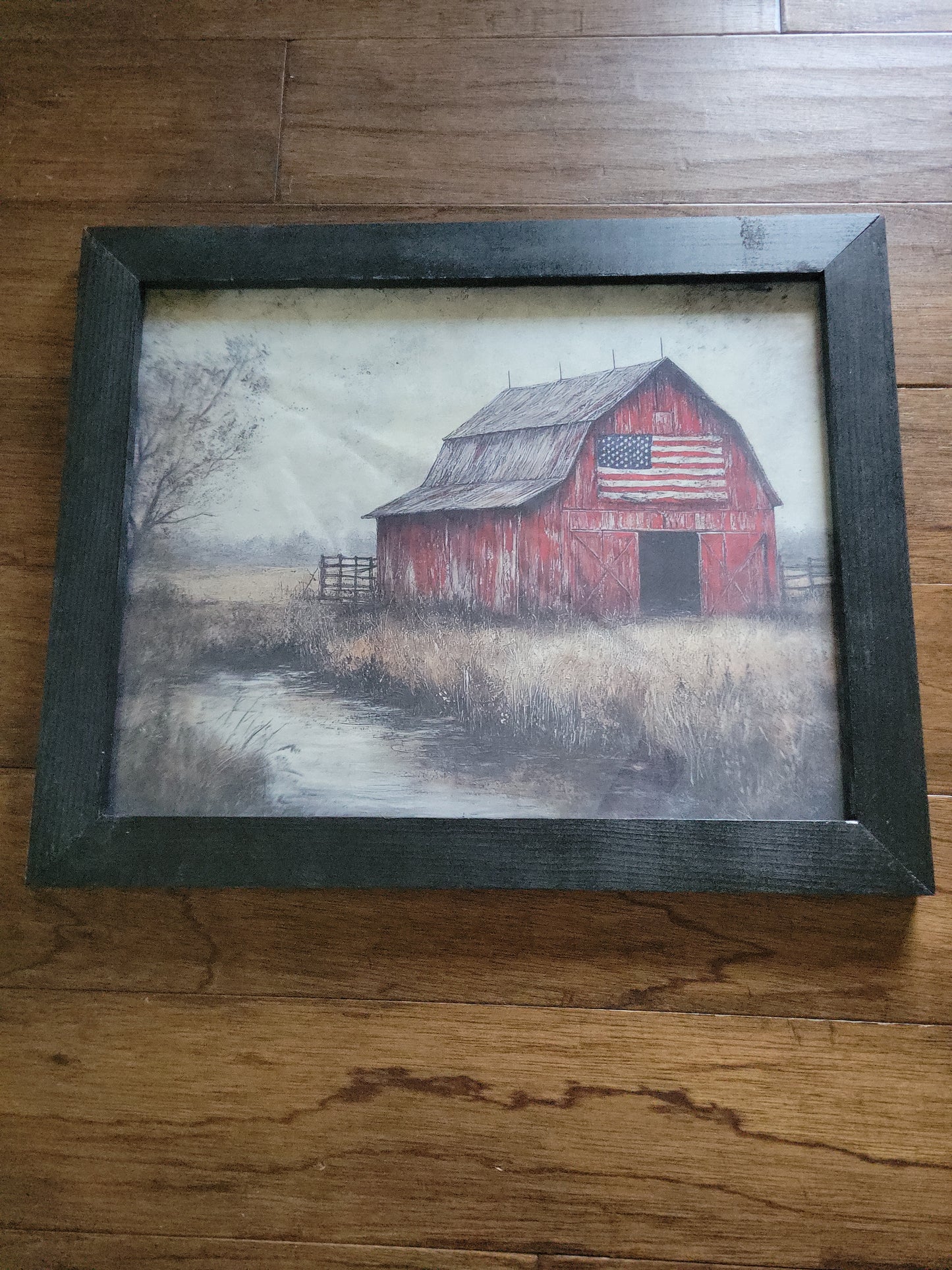 Rustic Red Barn American Flag Wall Art – 14x18 Framed Country Landscape – Patriotic Farmhouse Decor with Stream Scene – Primitive Americana Wood Frame Art