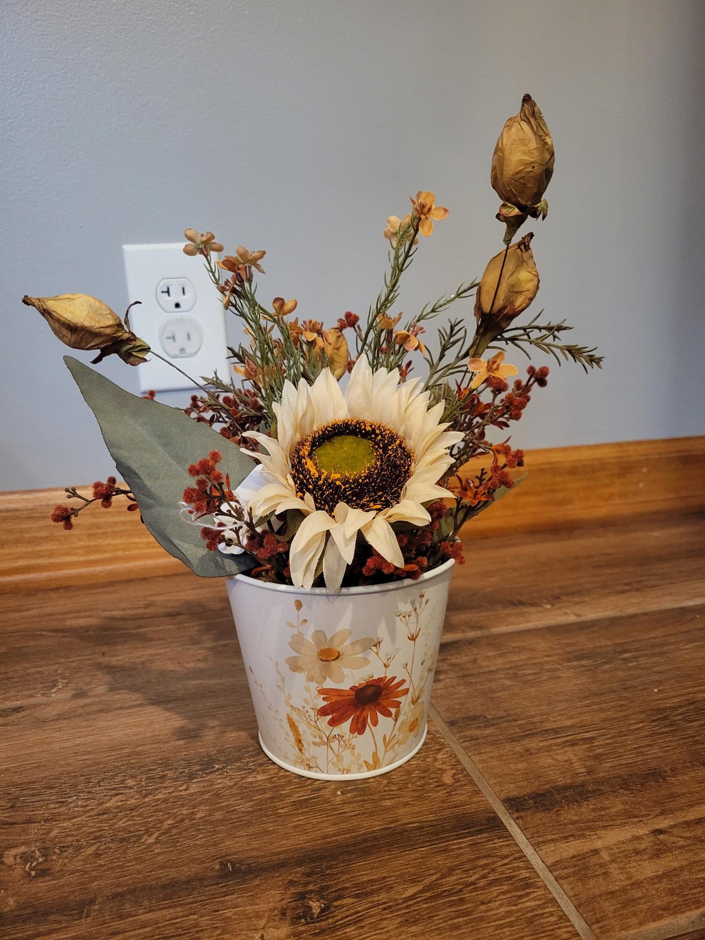Rustic Sunflower and Dried Floral Arrangement in Decorative Tin Pot