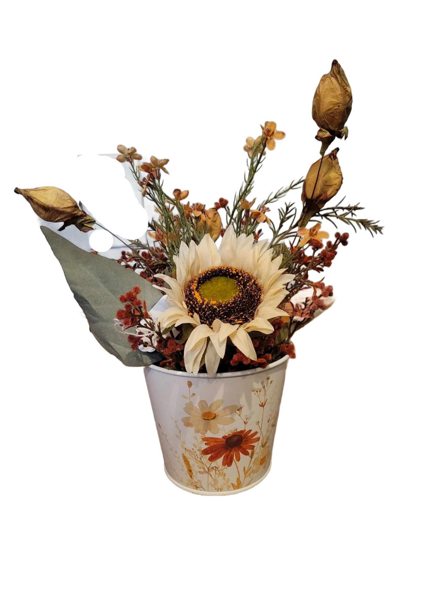 Rustic Sunflower and Dried Floral Arrangement in Decorative Tin Pot