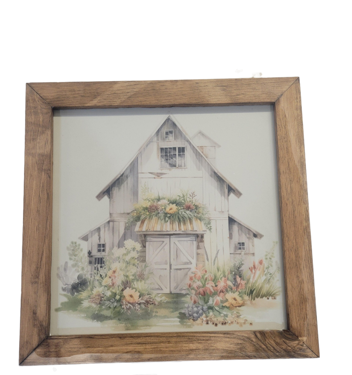 Floral Barn Framed Wall Art – Rustic Watercolor Farmhouse Print with Flowers (Wood Frame)